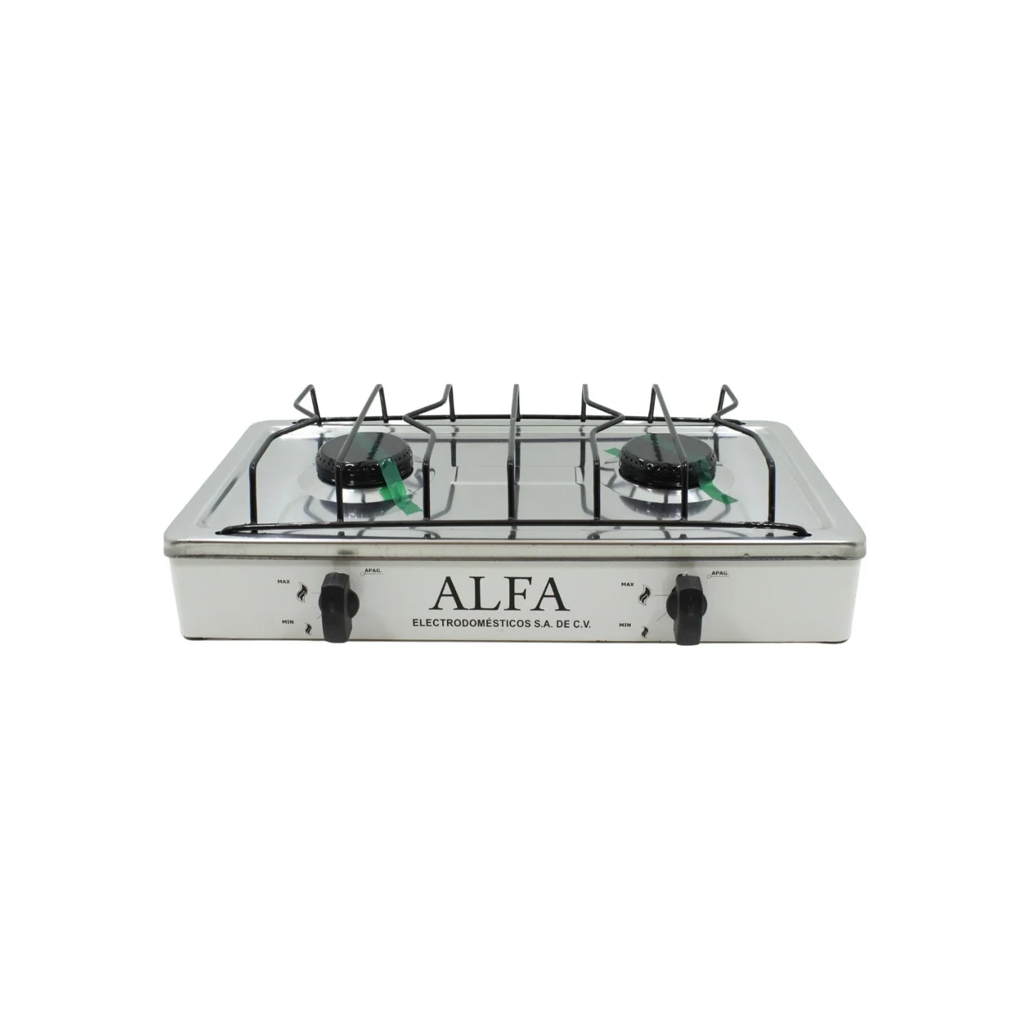 Cuerpo totalmente de acero inoxidable.,Quemadores: 2,Cubierta totalmente de acero inoxidable.,Válvula de seguridad.,Parrilla de gas.,Largo: 47 cm,Ancho: 25 cm,Alto: 13 cm,Dos perillas.