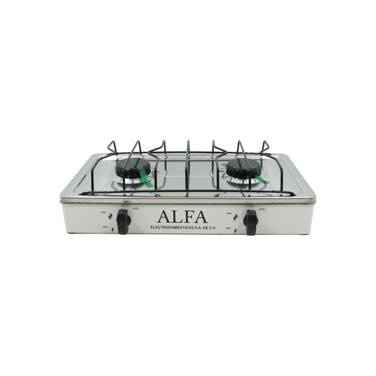 Cuerpo totalmente de acero inoxidable.,Quemadores: 2,Cubierta totalmente de acero inoxidable.,Válvula de seguridad.,Parrilla de gas.,Largo: 47 cm,Ancho: 25 cm,Alto: 13 cm,Dos perillas.
