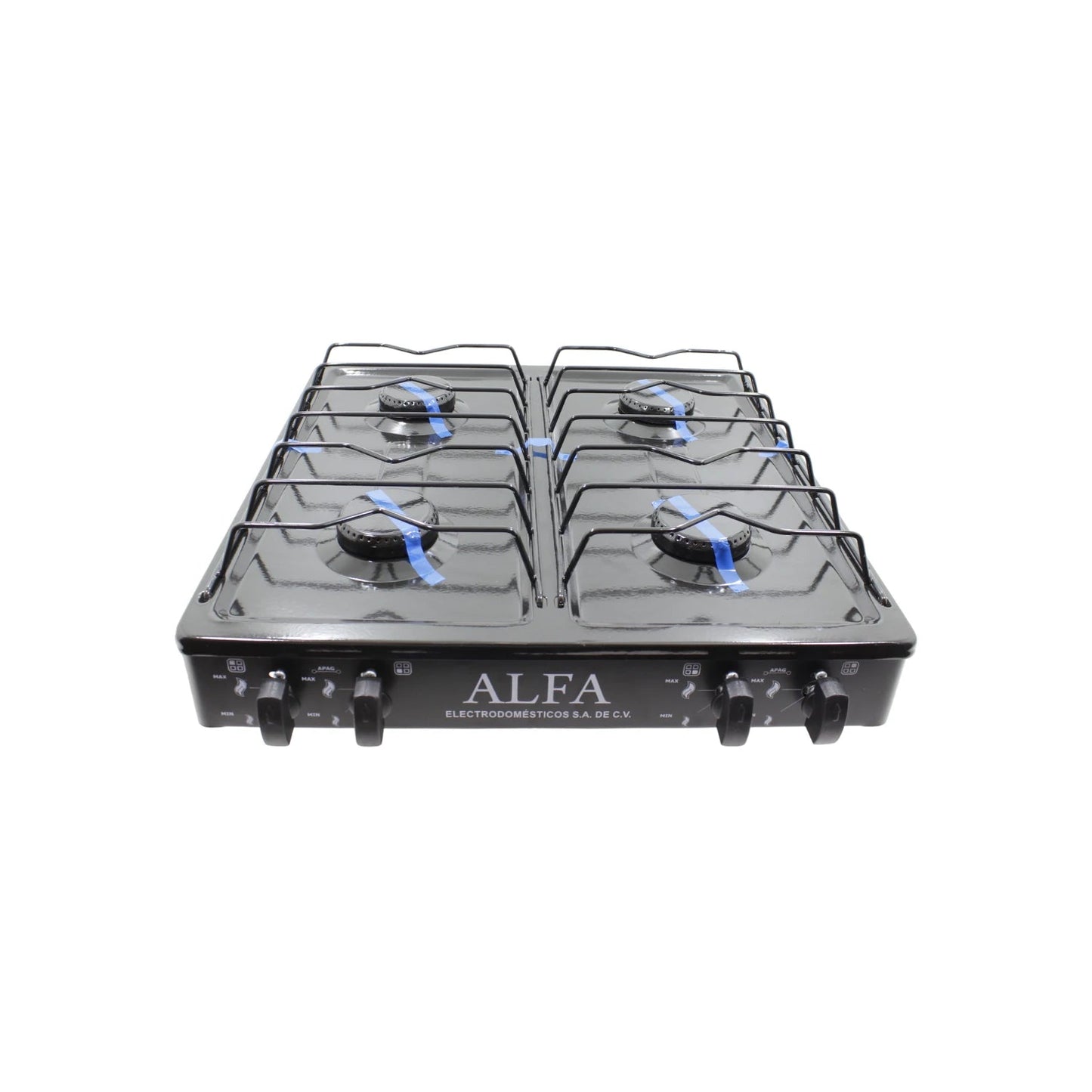 Estufa de gas portátil Alfa negra de 4 quemadores con parrillas de alambre, control de flama individual.