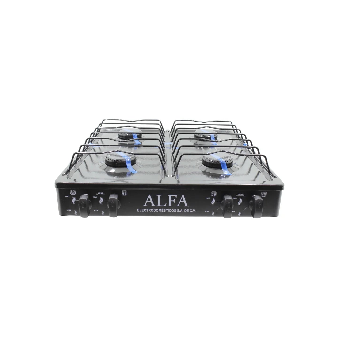 Cuerpo con pintura electrostática.,Cubierta de acero porcelanizada.,Válvula de seguridad.,Parrilla de gas de 4 quemadores.