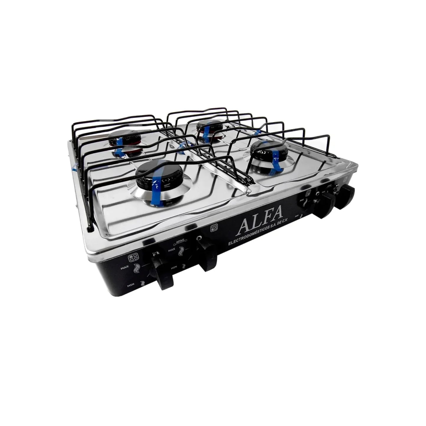 Cuerpo con pintura electrostática.,Quemadores: 4,Cubierta de acero inoxidable de máxima calidad.,Válvula de seguridad.,Parrilla de gas.,Cuatro perillas.