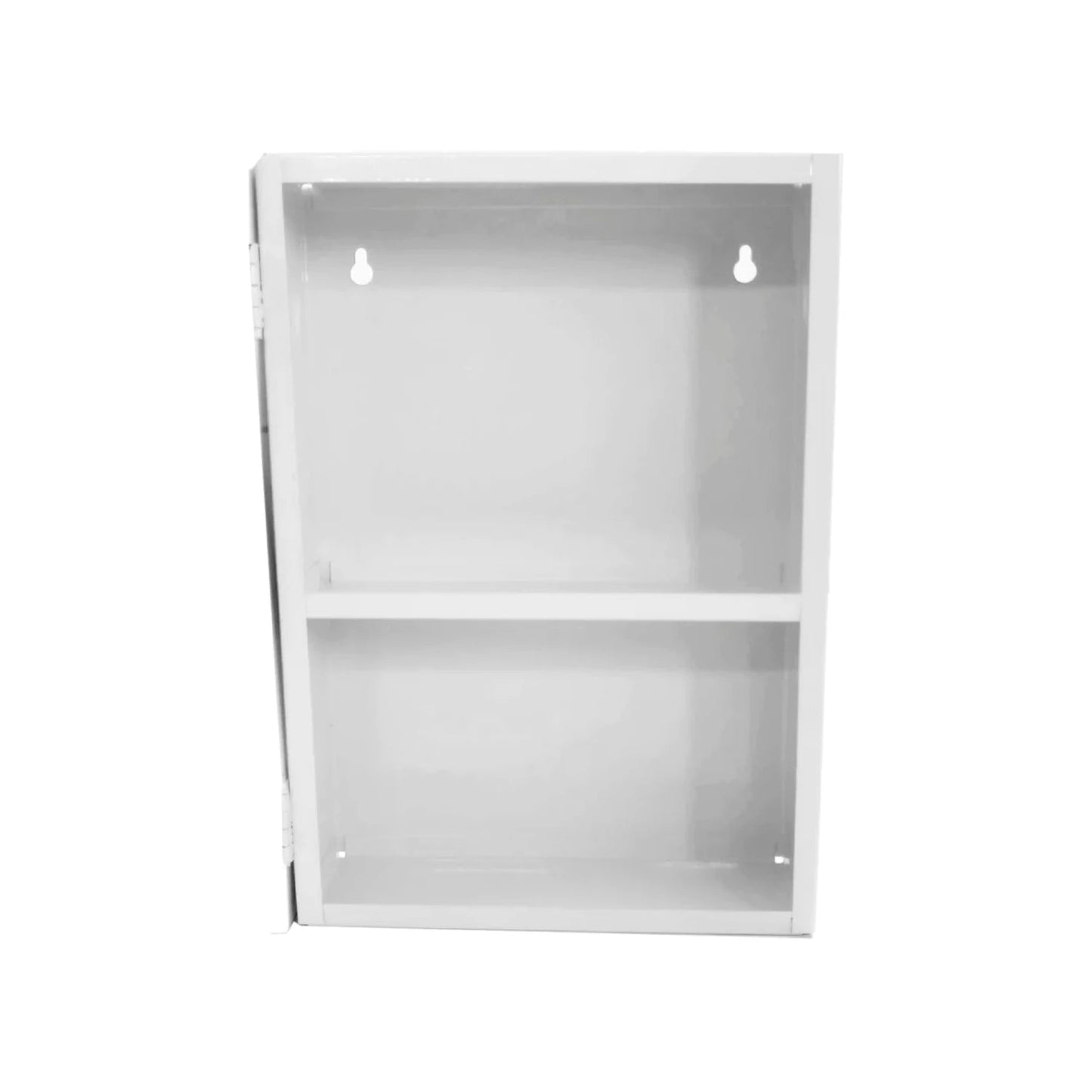 Botiquín metálico blanco de pared con dos estantes, ideal para almacenar suministros de primeros auxilios