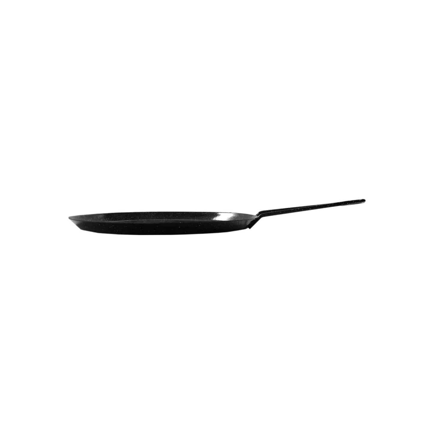 Comal redondo negro de acero porcelanizado, con mango largo, perfecto para cocinar y calentar alimentos.