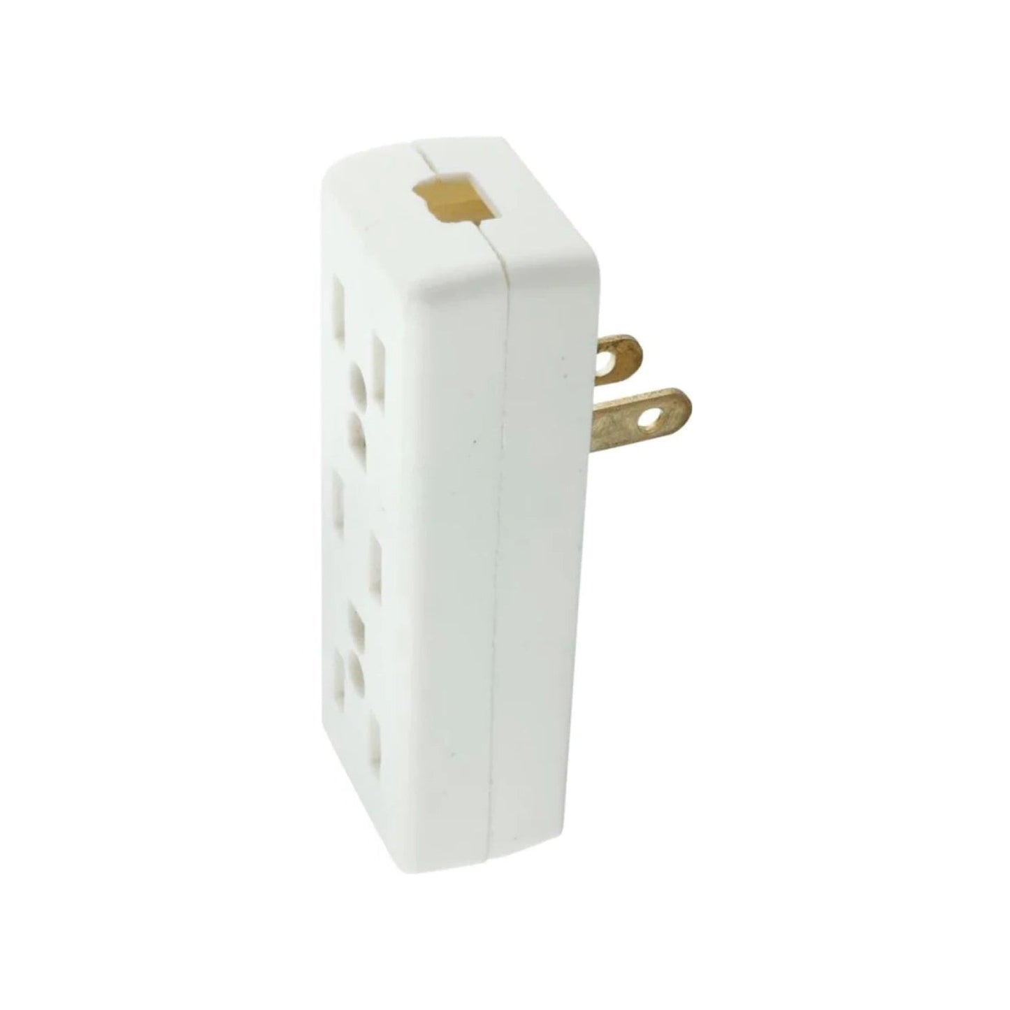 Adaptador de enchufe triple blanco con clavija de tierra y múltiples salidas de 2 polos
