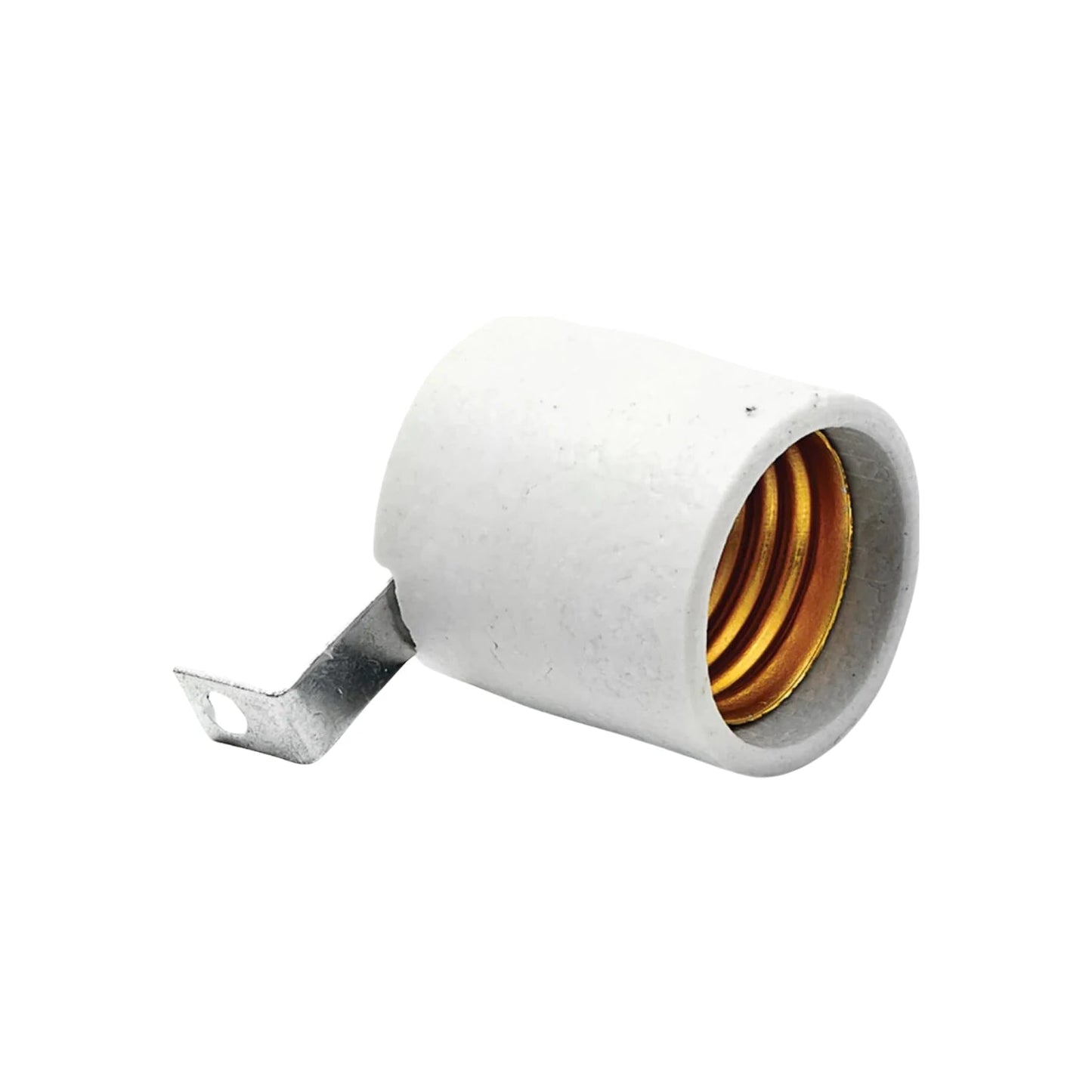 Socket de porcelana blanco para candil, con escuadra metálica de montaje y rosca E12 de latón.