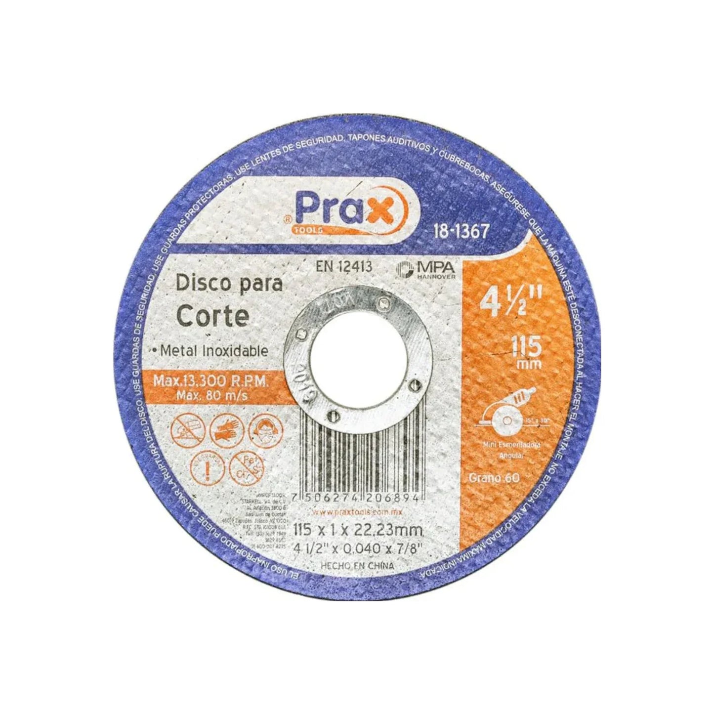 Fabricado en óxido de aluminio.,Corte acero inoxidable.,Diámetro: 4 1/2"(114 mm).,Eje: 7/8"(22.23 mm).,Espesor: 3/64"(1 mm).,Velocidad 13300 RPM,Grano 60,Usar guantes y lentes de protección al momento de su uso.