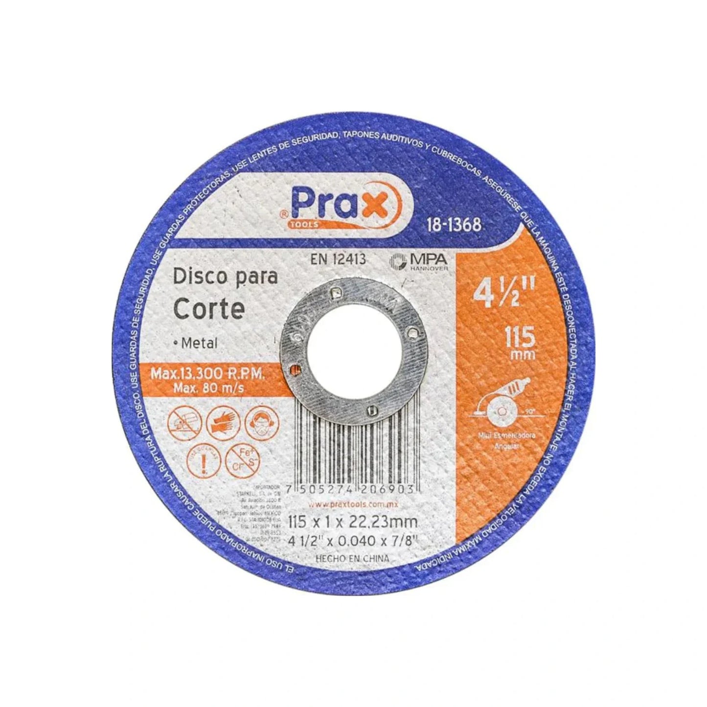 Fabricado en óxido de aluminio.,Corte metal.,Diámetro: 4 1/2"(114 mm).,Eje: 7/8"(22.23 mm).,Espesor: 3/64"(1 mm).,Velocidad 13300 RPM,Usar guantes y lentes de protección al momento de su uso.