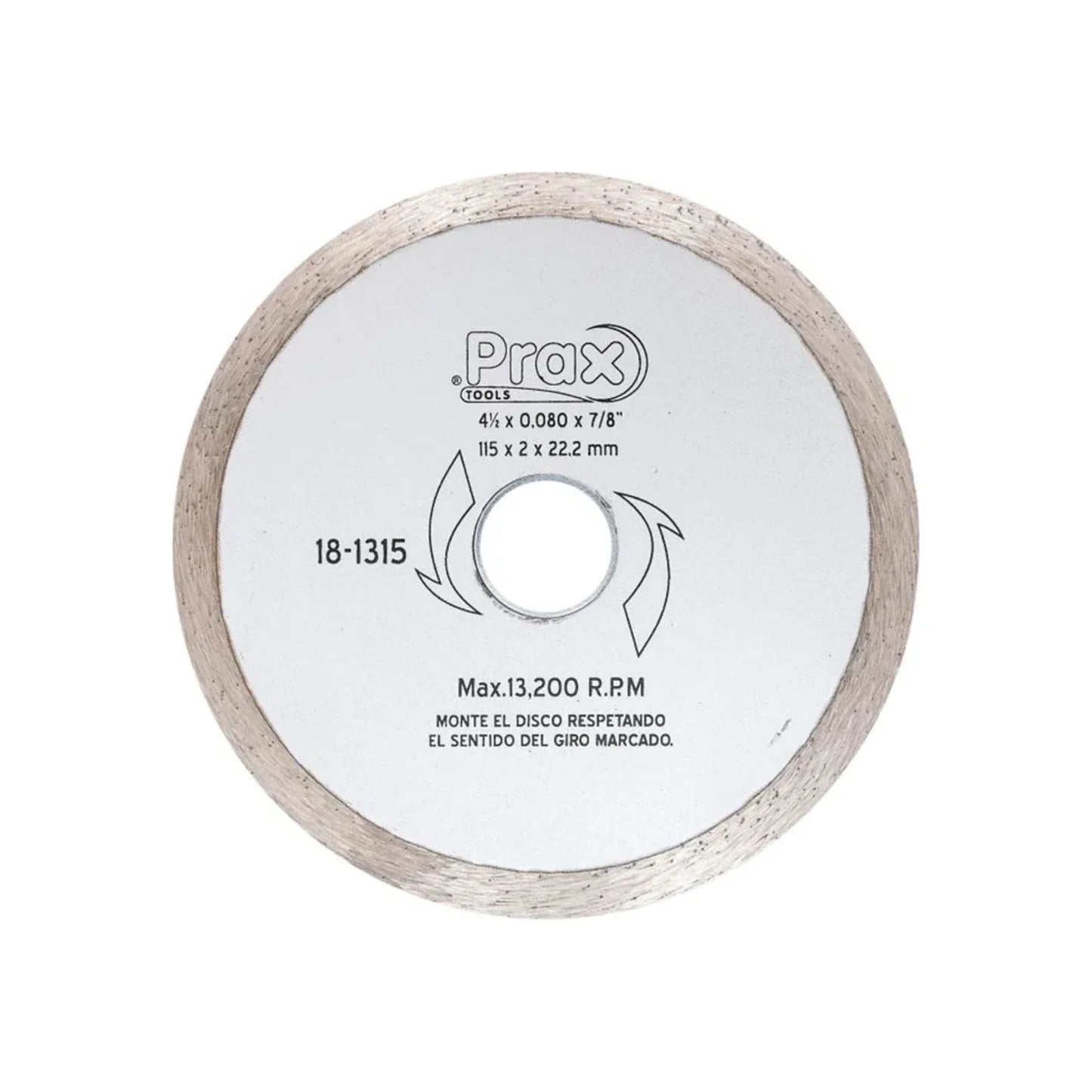 Disco diamantado rín continuo.,Corte para materiales de construcción.,Diámetro: 4 1/2"(114 mm).,Eje: 7/8"(22.23 mm).,Espesor: 2 mm,Velocidad 13200 RPM,Para cortes en concreto, piedra, cerámica,porcelanato y materiales duros.,Excelente calidad en acabados.,Usar guantes y lentes de protección al momento de su uso.
