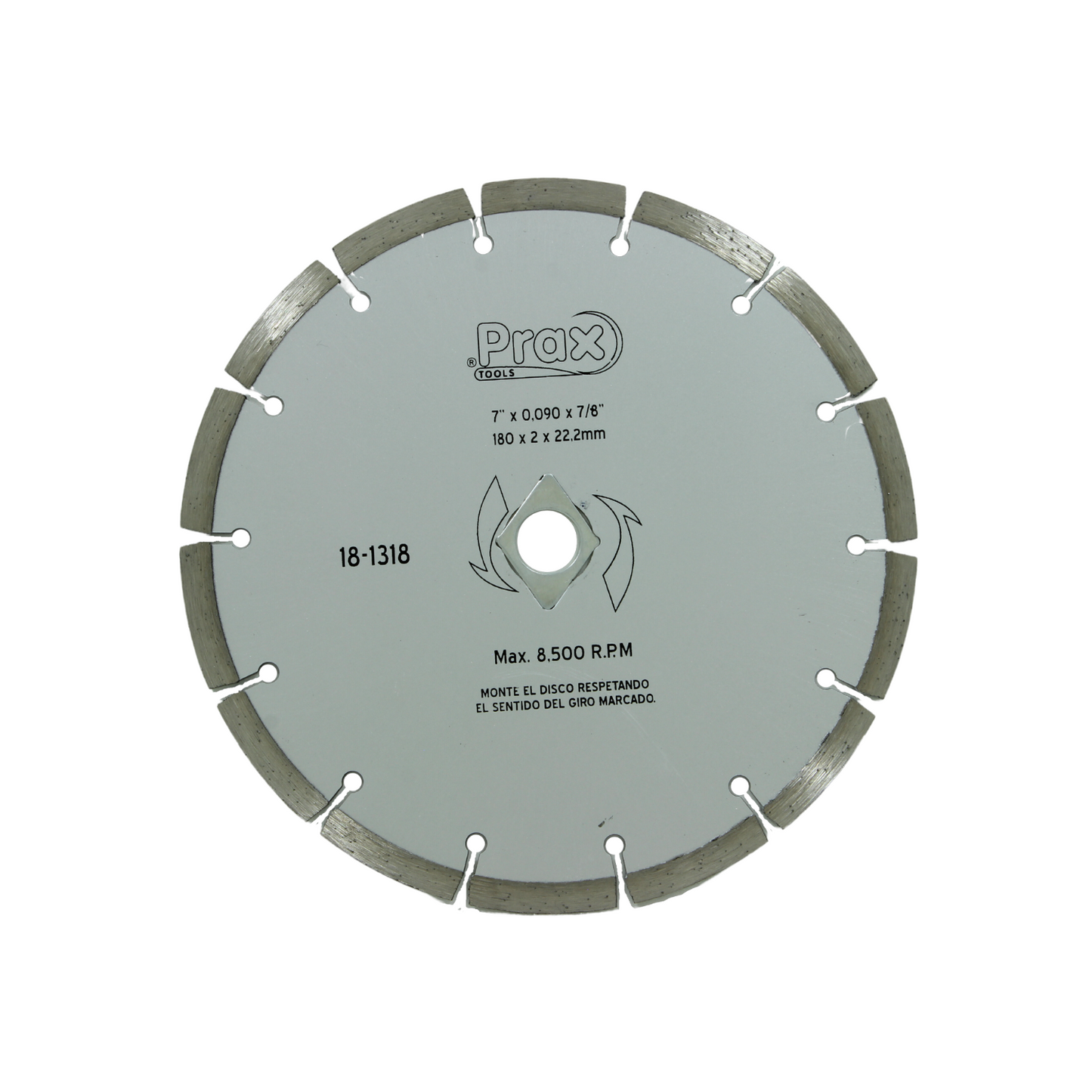 Disco de diamante rin segmentado.,Corte para materiales de construcción.,Diámetro: 7"(180 mm).,Eje: 7/8"(22.23 mm).,Espesor: 2 mm,Velocidad 8500 RPM,Ideal para corte en concreto, mármol, granito o cantera.,Uso no intensivo.,Súper económicos y de gran rendimiento.,Usar guantes y lentes de protección al momento de su uso.