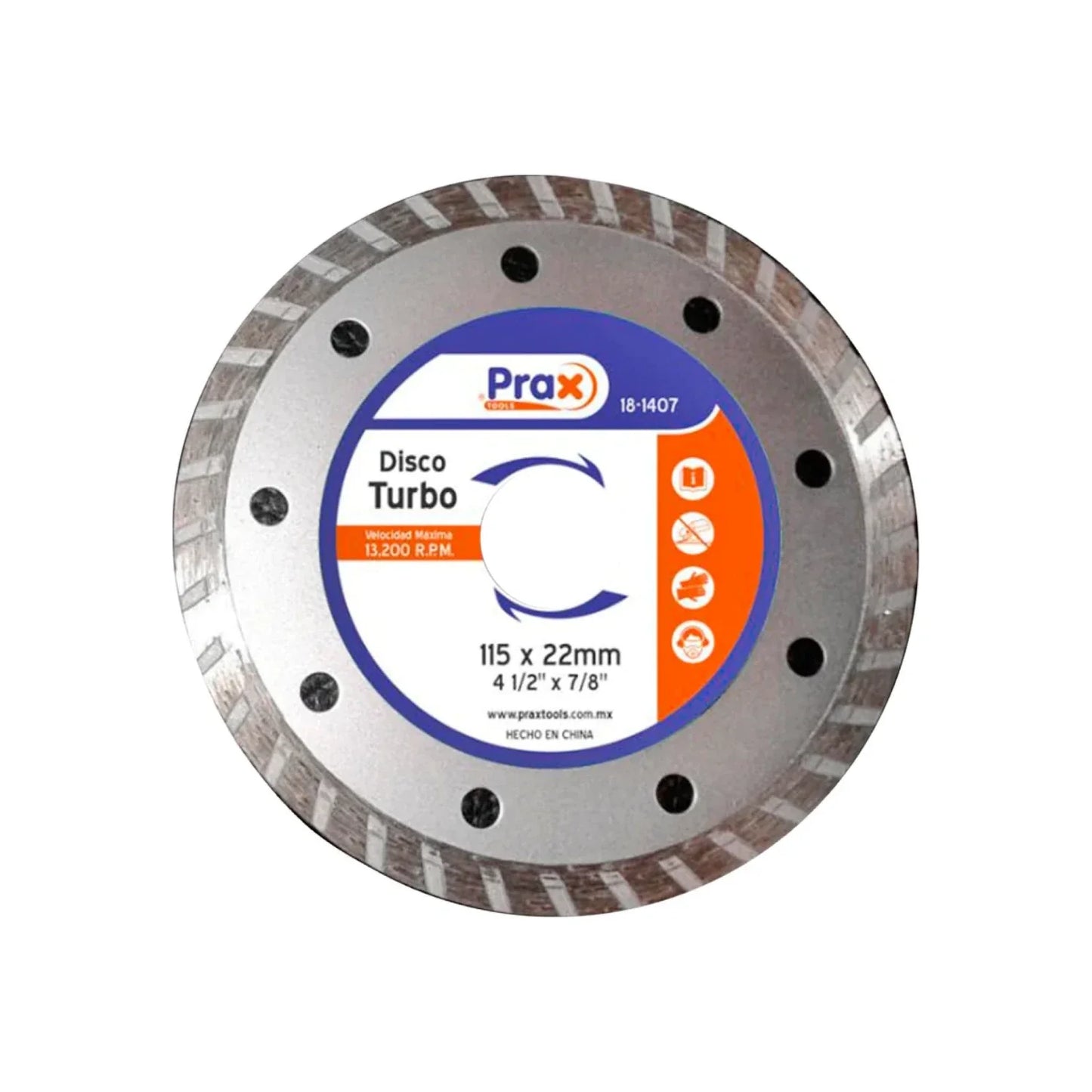 Disco diamantado rin turbo.,Corte para materiales de construcción.,Diámetro: 4 1/2"(114 mm).,Eje: 7/8"(22.23 mm).,Espesor: 1.5 mm,Velocidad 13200 RPM,Ideal para cortes en concreto, piedra, cerámica, loseta, marmol, ladrillo y materiales duros.,Excelente calidad en acabados.,Usar guantes y lentes de protección al momento de su uso.