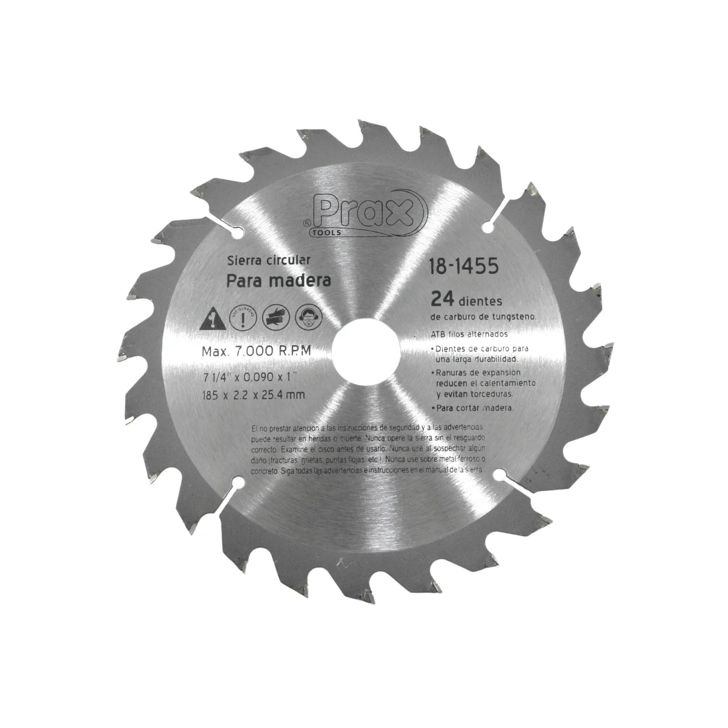 Velocidad máxima 7,000 RPM,Dientes carburo de tungsteno ATB biselado de forma alterna (derecha/izquierda).,Para madera.,Corte limpio longitudinal y transversal.