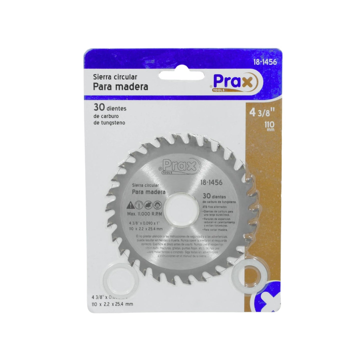 Disco sierra circular Prax 4 3/8" (110mm) de 30 dientes de carburo para madera, modelo 18-1456