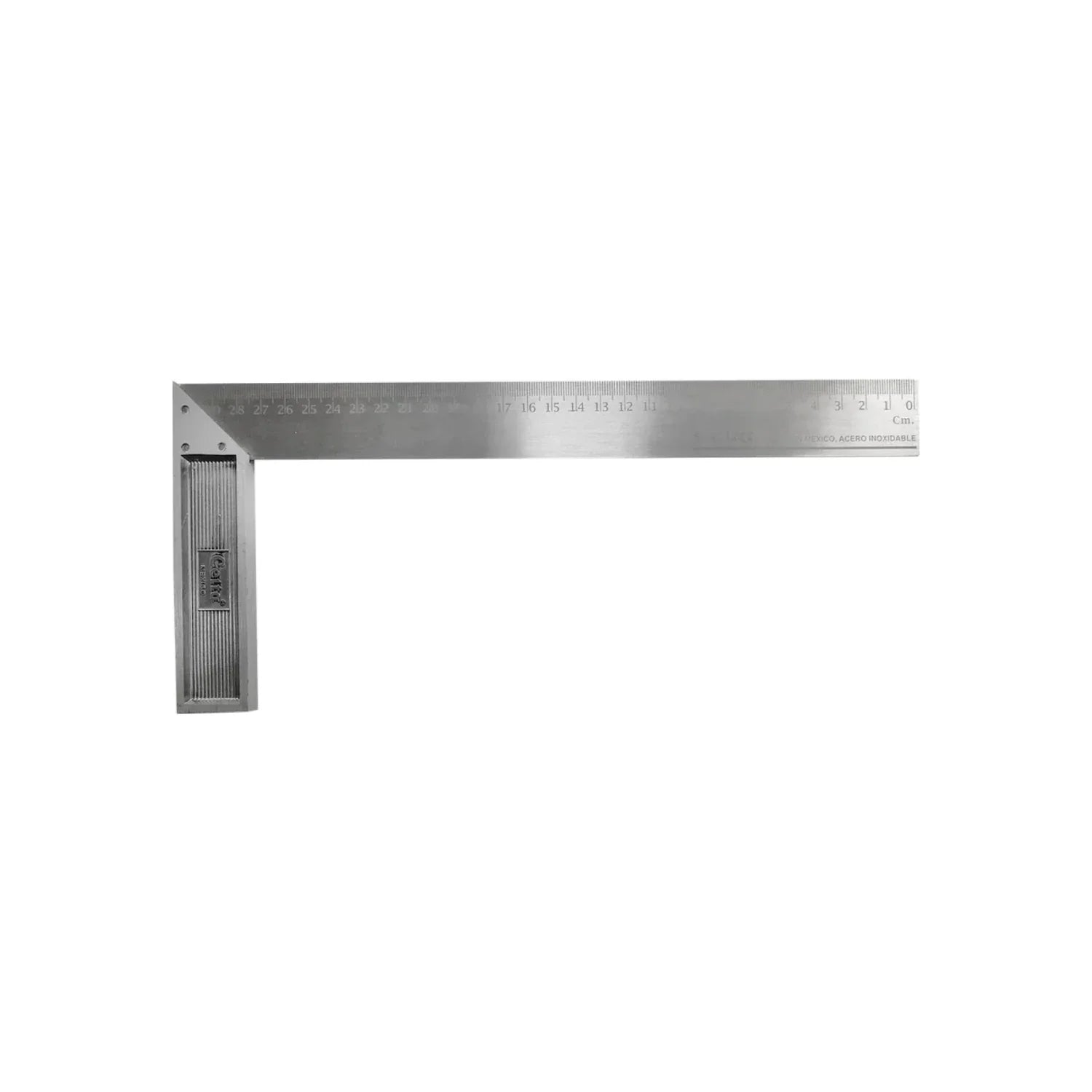 Fabricada en acero inoxidable al alto cromo.,Mango de aluminio pulido tipo europeo.,Cuenta con 3 remaches reforzados.,Escuadra de 12" graduada en sistema métrico e ingles.