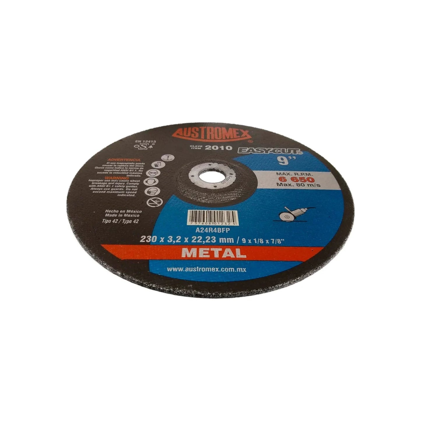Disco de corte Austromex 9 pulgadas para metal, modelo 2010 EASYCUT, 230x3.2mm, uso en amoladora.