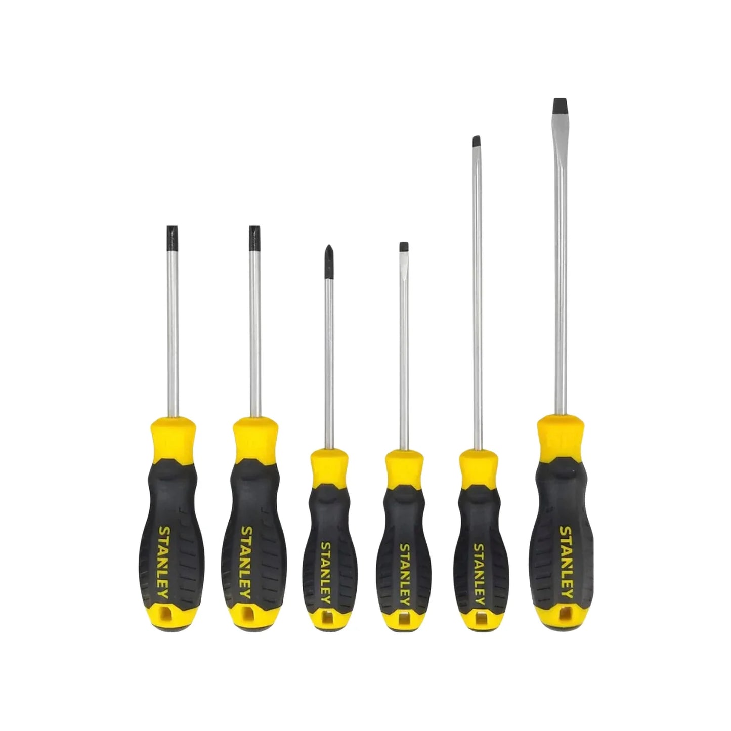 Barras de aleación de acero termo tratado para mayor durabilidad.,Mango con 4 lóbulos diseñado ergonómicamente para torque.,Barras niqueladas que resisten el óxido.,Mangos codificados por colores facilitando la rápida identificación.,Compuesto por 6 desarmadores.,4 Desarmadores planos: 3/16x6'' (5x150 mm), 3/16”x3''(5x75 mm), ¼”x4''(6x100 mm) y ¼”x6''(6x150 mm).,2 Desarmadores punta Phillips: 2PTx4'' (2PTx100 mm) y 1PTx4'' (1PTx100 mm).