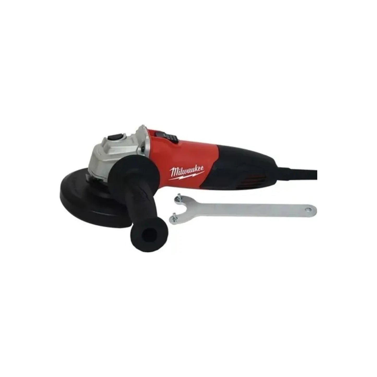 Esmeriladora angular Milwaukee 4 1/2 pulgadas roja y negra, con mango lateral y llave de ajuste