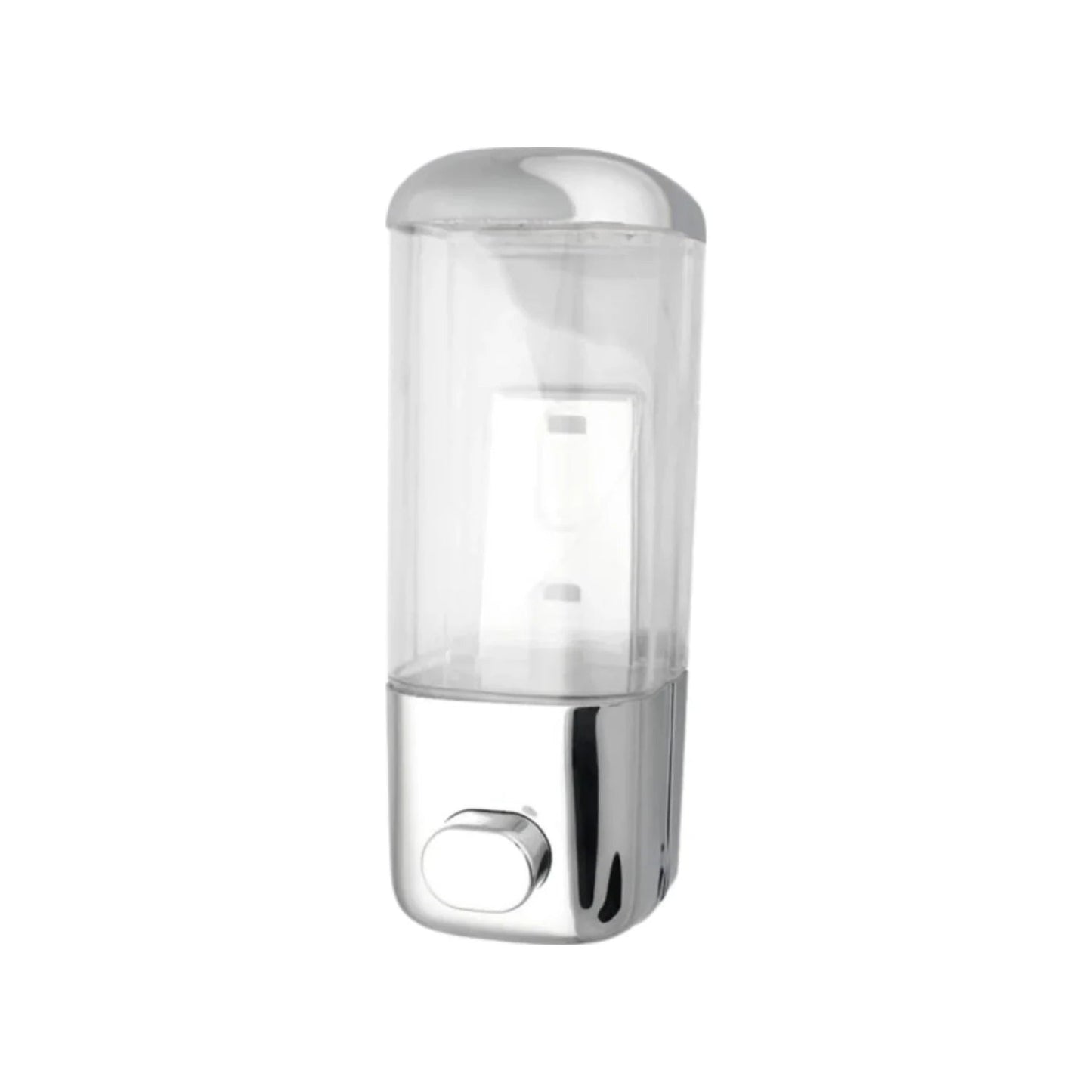 Dispensador de jabón líquido cromado para baño, depósito transparente, montaje en pared