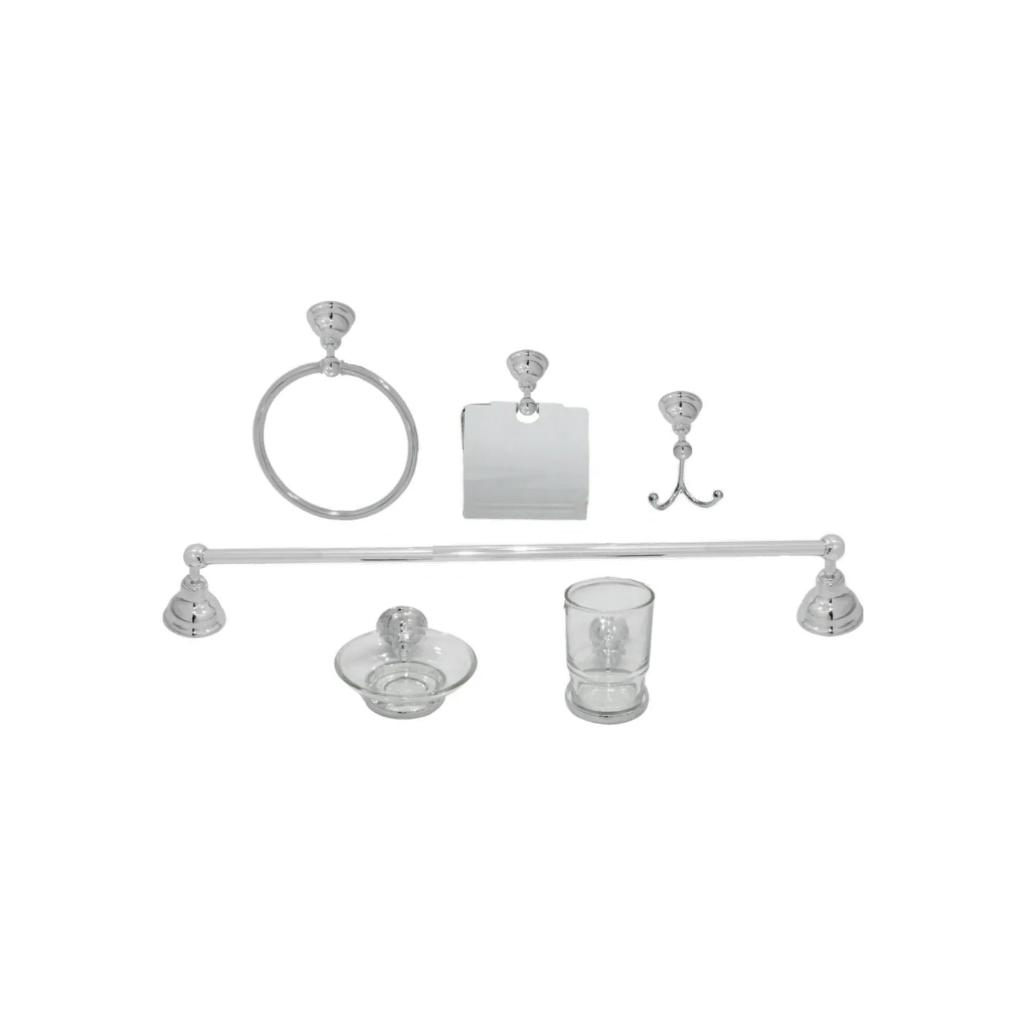Juego de accesorios 6 piezas.,Material Acero Inoxidable.,Aleación 201,Acabado: Cromo.,Incluye:,Toallero de Gancho tipo Perchero.,Toallero tipo media argolla.,Toallero tipo tubo.,Porta Vasos con Vaso.,Jabonera.,Soporte para papel higiénico.