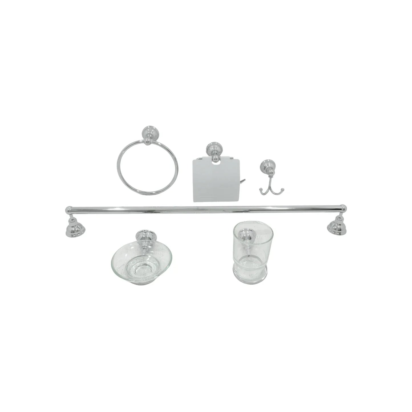 Juego de accesorios 6 piezas.,Material Acero Inoxidable.,Aleación 201,Acabado Cromado Satinado., Incluye:,Toallero de Gancho tipo Perchero.,Toallero tipo media argolla.,Toallero tipo tubo.,Porta Vasos con Vaso.,Jabonera.,Soporte para papel higiénico.