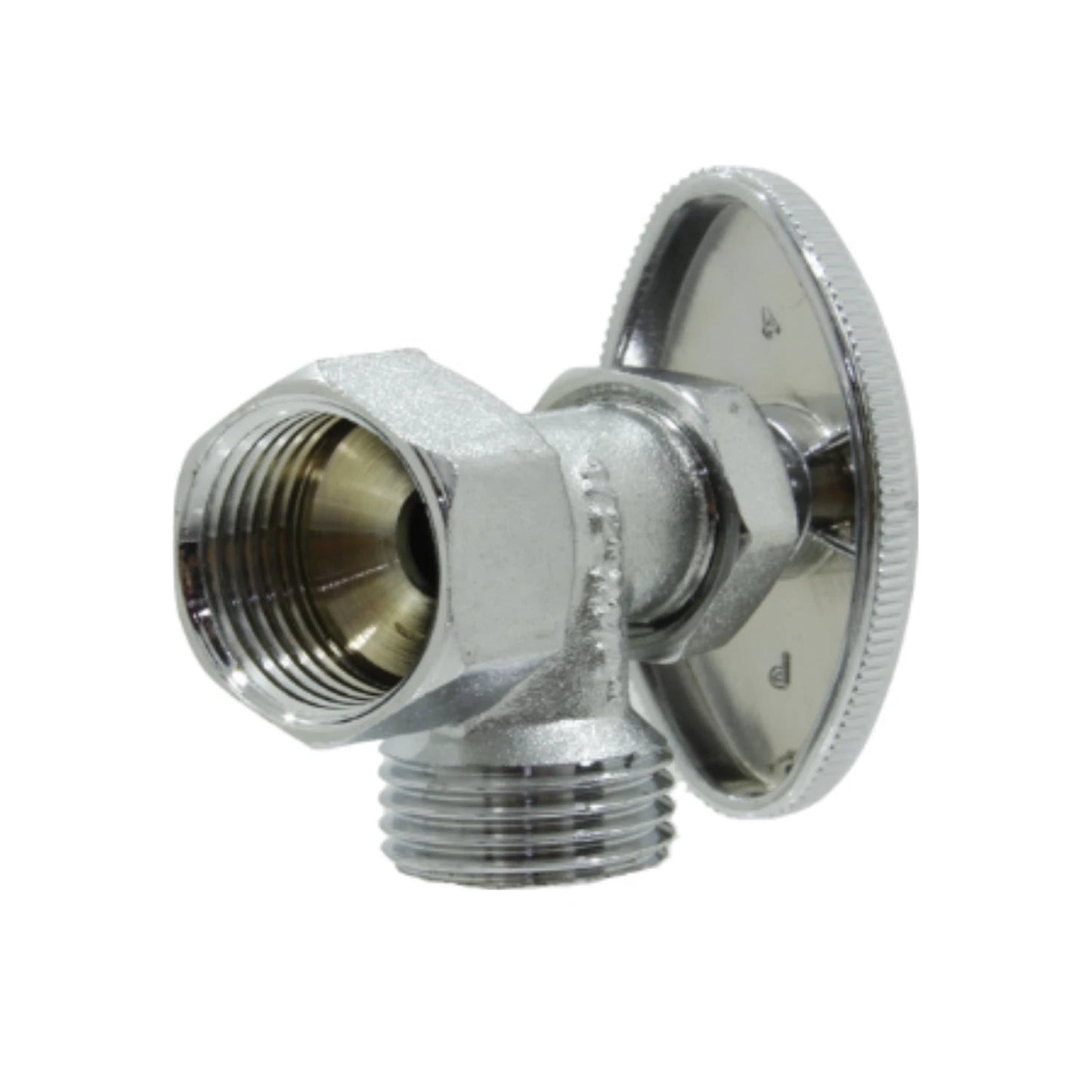 Llave angular de paso cromada con maneta, rosca hembra y macho a 90 grados para instalaciones de agua