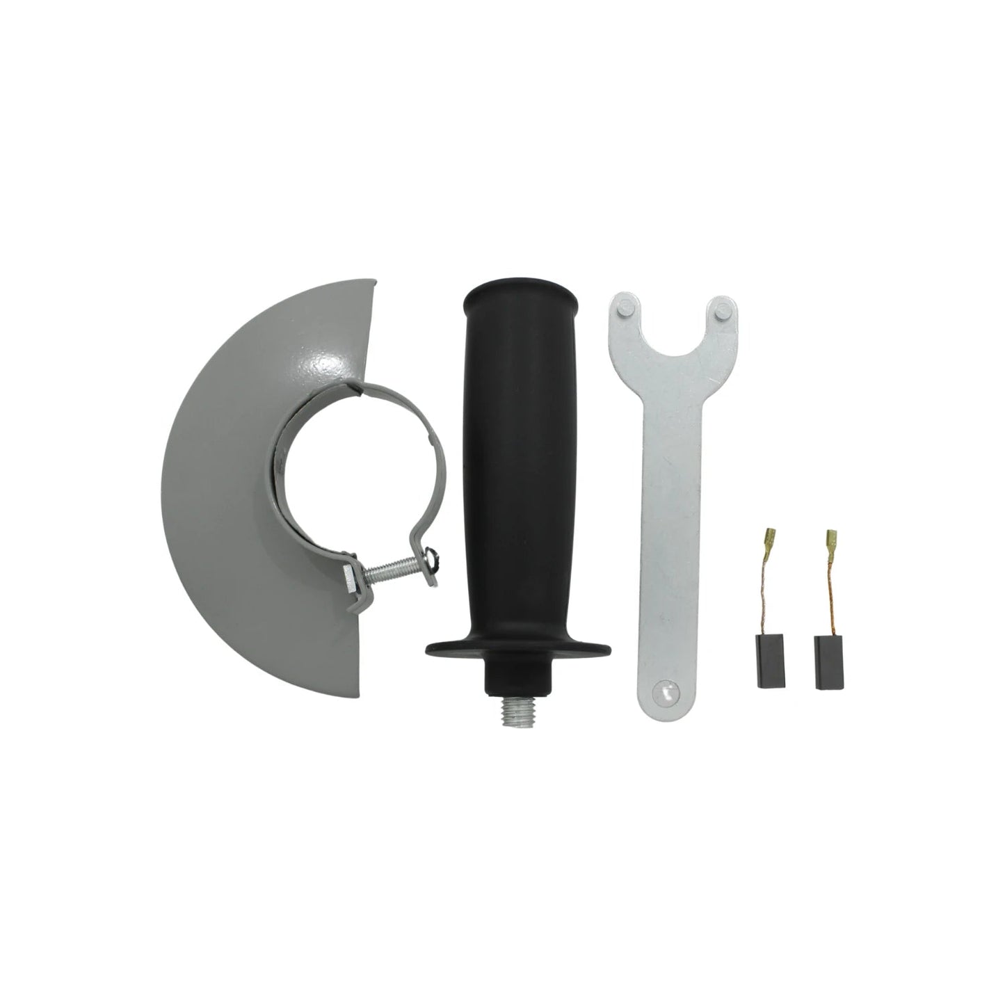 Accesorios para esmeriladora: guarda gris, mango, llave de disco y carbones de repuesto.