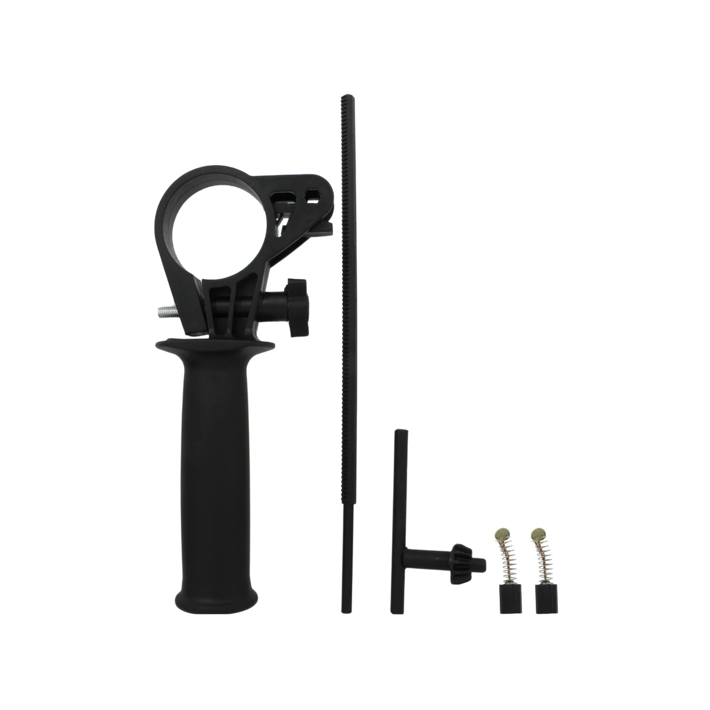 Accesorios negros para rotomartillo: empuñadura auxiliar, tope de profundidad, llave de broquero y carbones motor