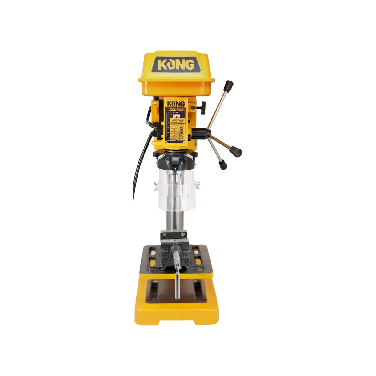 Taladro de banco KONG amarillo con prensa de tornillo y protector para perforaciones precisas en talleres.