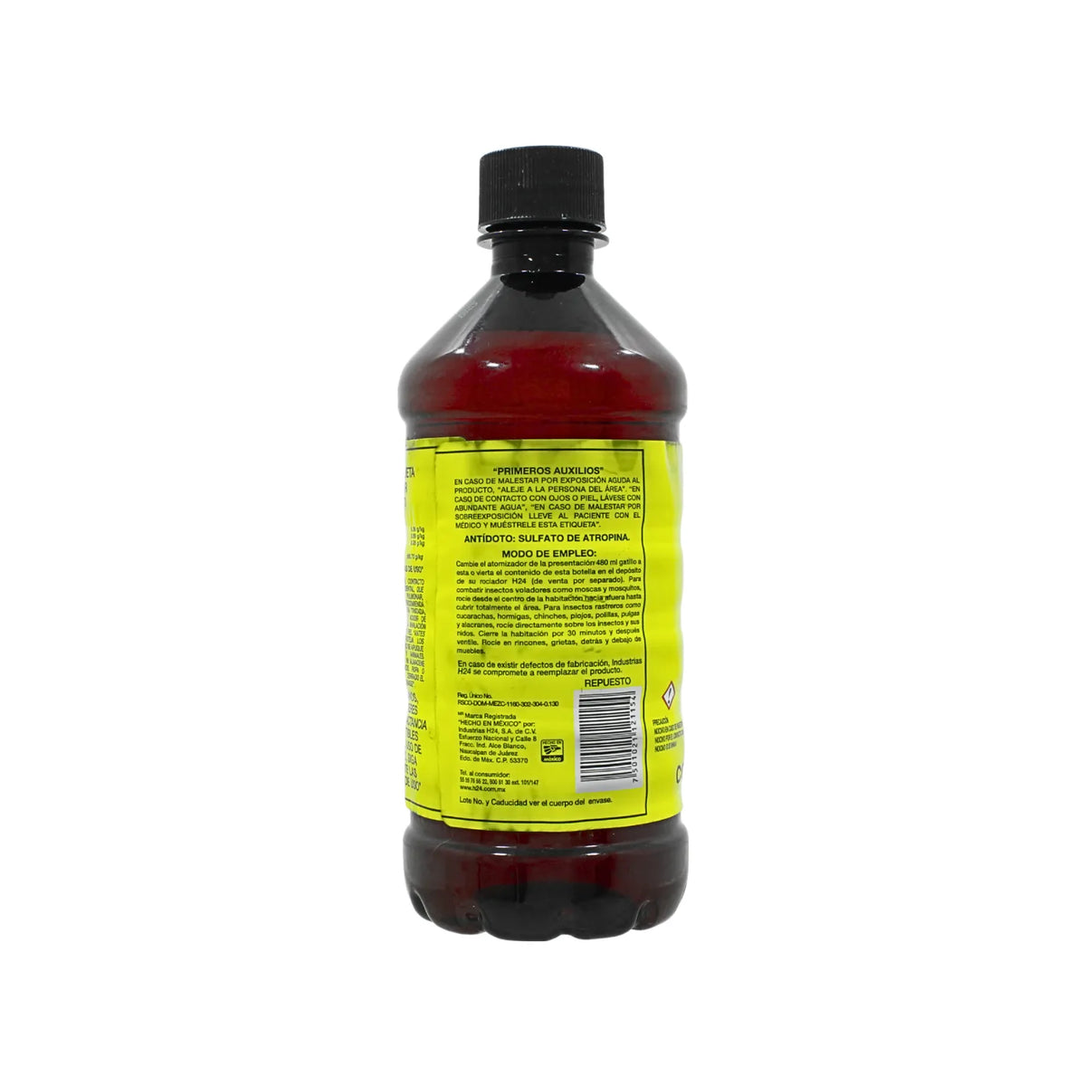 Repuesto de insecticida líquido H24 botella de 480ml con etiqueta amarilla para control de moscas y mosquitos.
