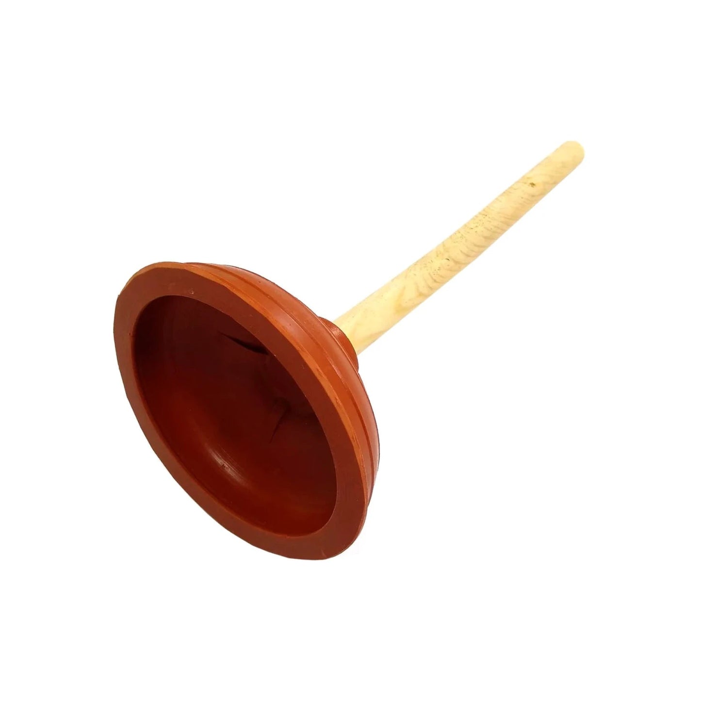 Bomba destapacaños de hule marrón rojizo y mango de madera para inodoro y desagües de baño.