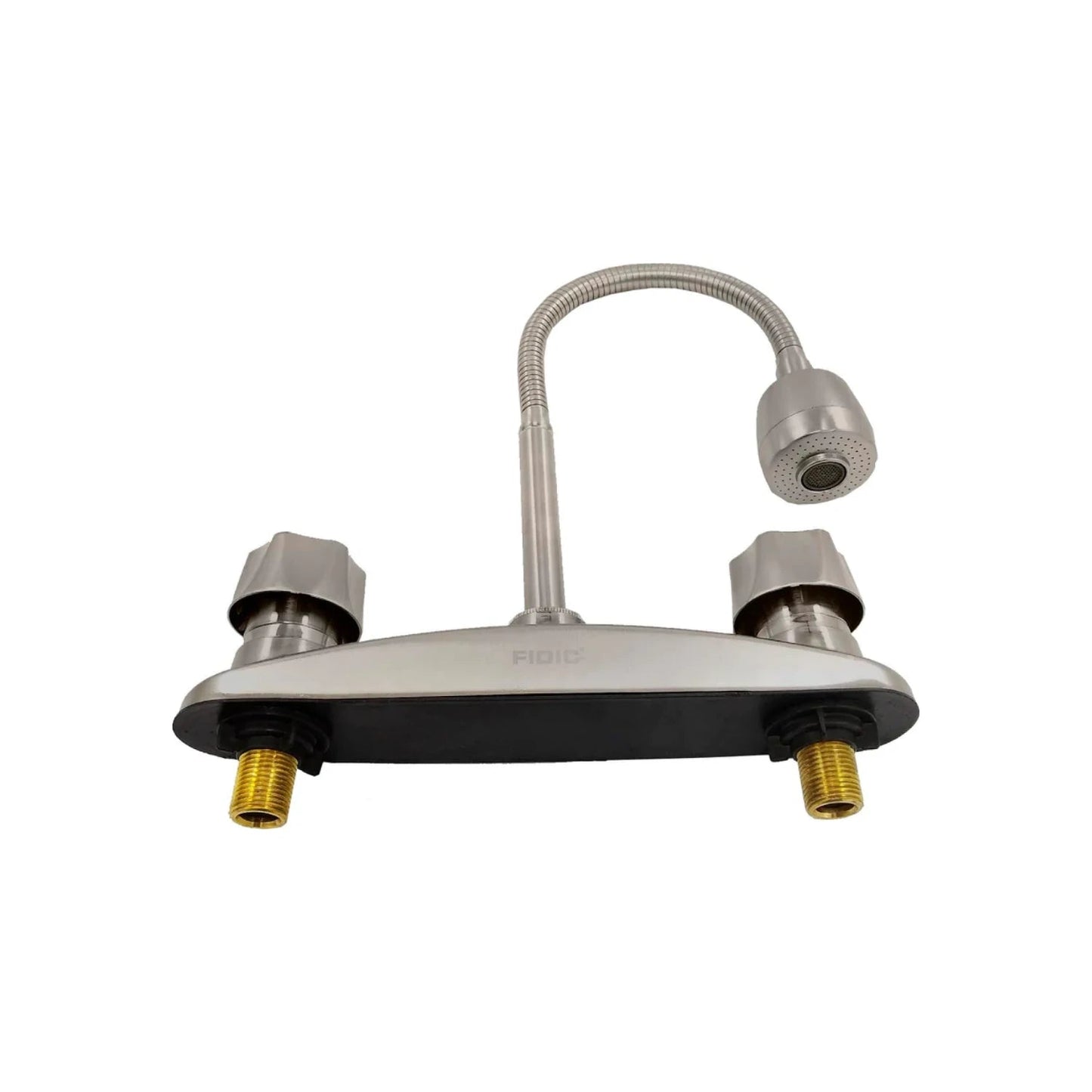 Mezcladora de fregadero FIDIC 8" con cuello de ganso flexible, doble manija, acabado níquel cepillado.