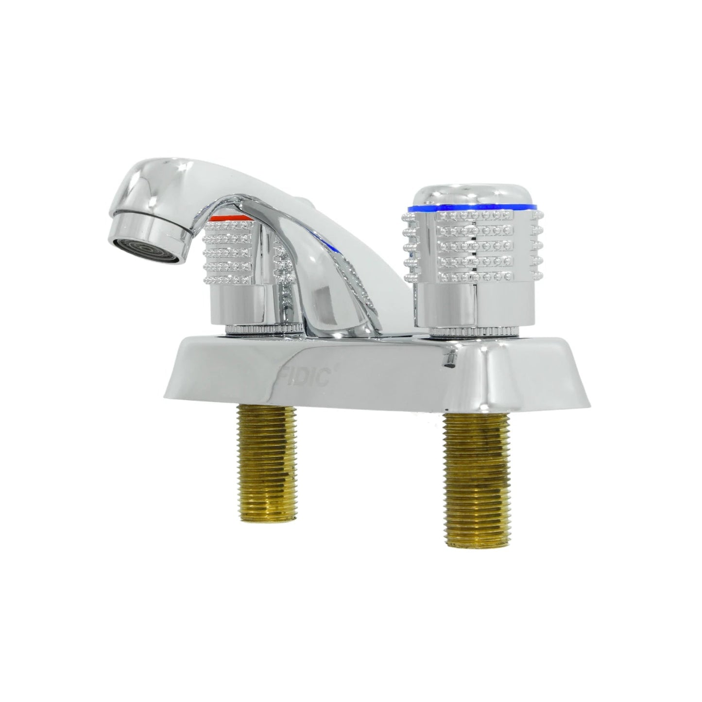 Mezcladora de lavabo cromada Fidic con doble maneral, detalles tipo diamante y marcadores frío/caliente.