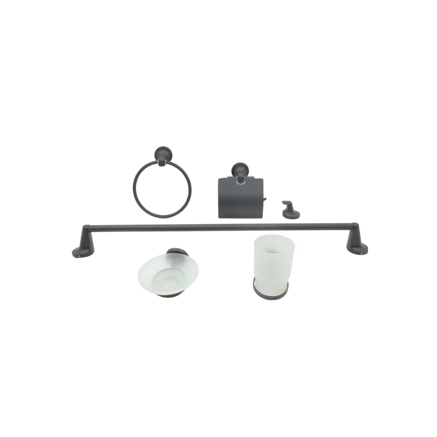 Acabado: Negro mate.,Incluye:,Barra para toalla de mano.,Soporte para papel higiénico.,Anillo para toalla.,Perchero.,Porta cepillos.,Jabonera.,Plug & Play: Fácil de instalar, instrucciones paso a paso (incluye tuercas de instalación).,Ideal para baño residencial.