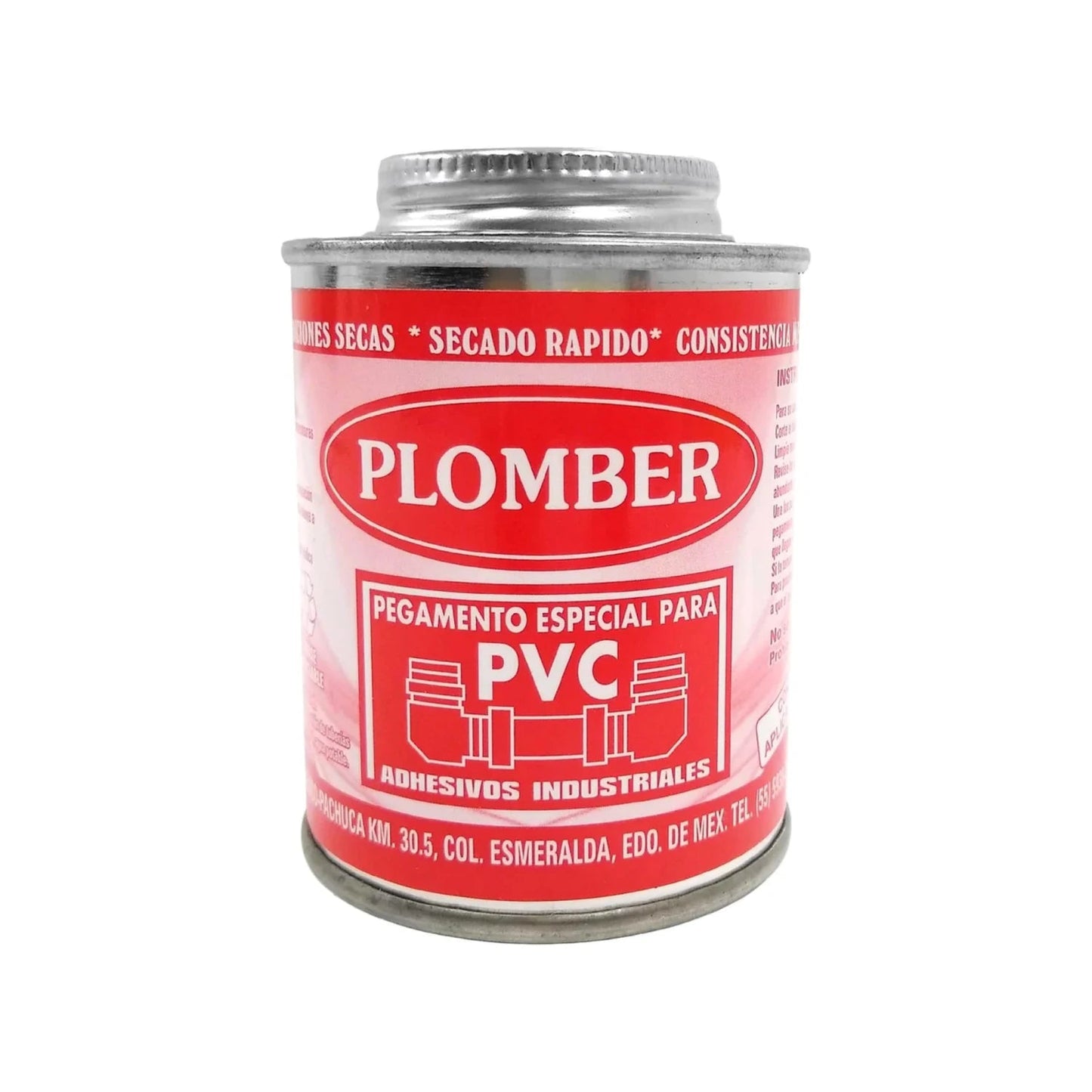 Pegamento especial para PVC marca Plomber color rojo. Adhesivo industrial de secado rápido para tuberías.