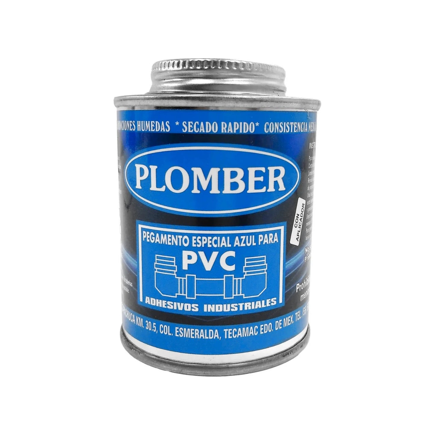 Pegamento especial azul Plomber para PVC con aplicador, secado rápido y consistencia media para tuberías.