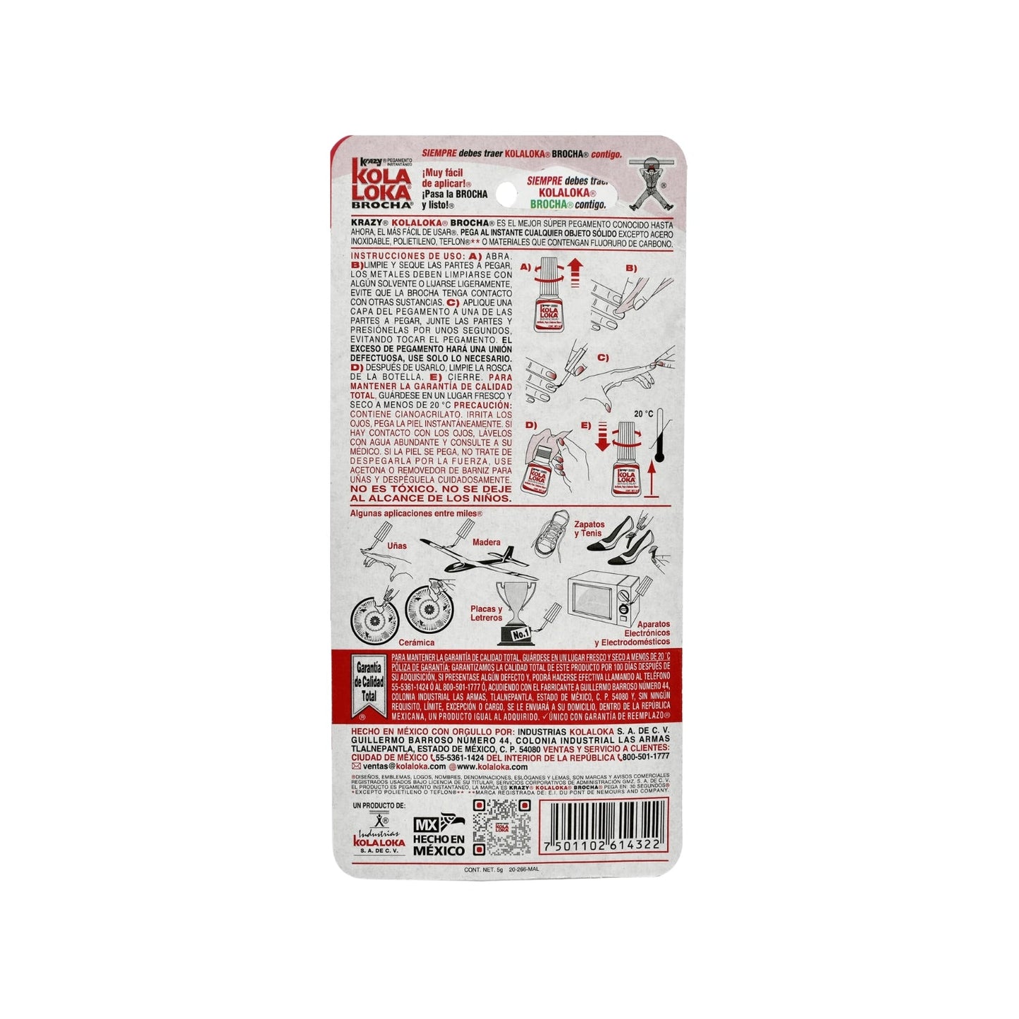 Super pegamento líquido Kola Loka con aplicador tipo brocha para uniones fuertes y precisas en diversos materiales.