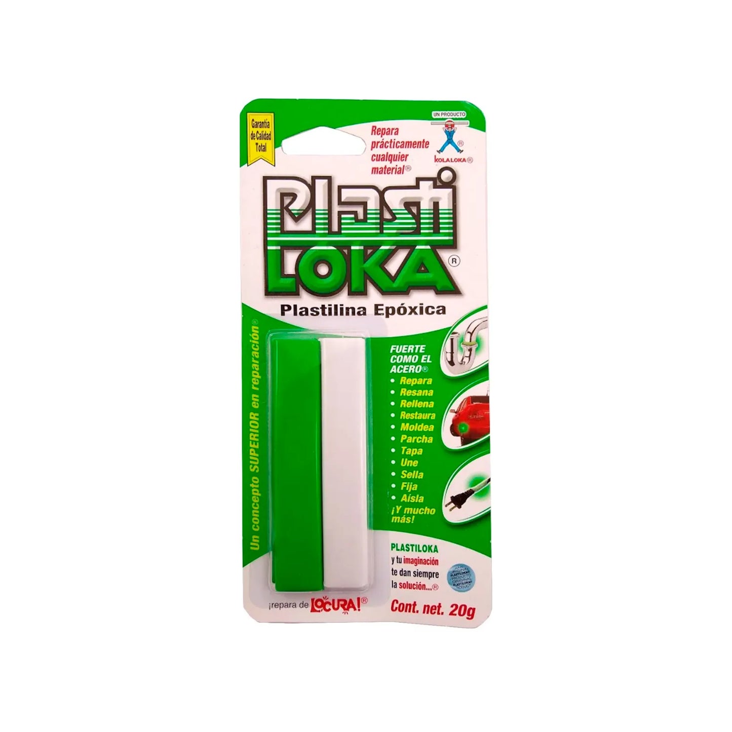 Plastilina epóxico.,Es impermeable y resistente a la corrosión.,Repara prácticamente cualquier material.,Formula especial que al mezclar sus 2 componentes adquiere una dureza como el acero.