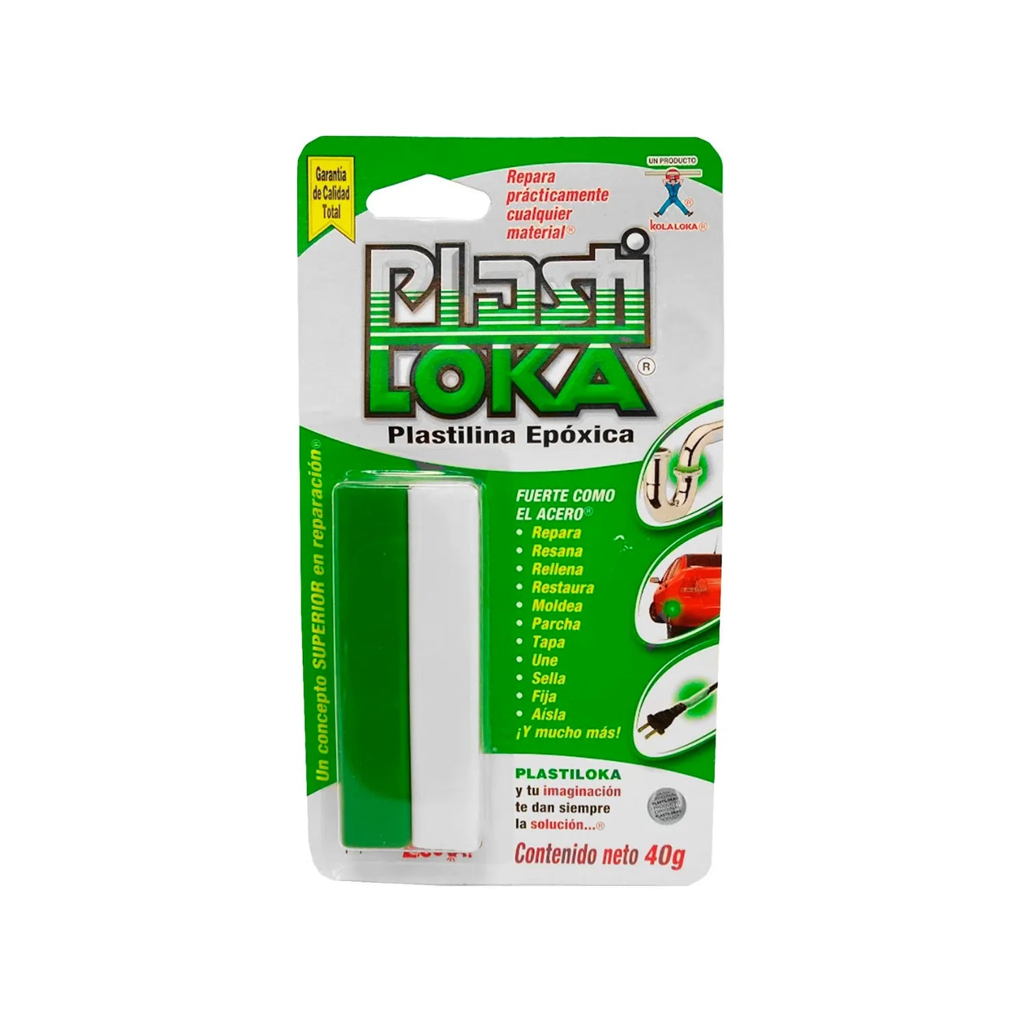 Plastilina epóxico.,Es impermeable y resistente a la corrosión.,Repara, une, sella, aísla, etc.,Prácticamente cualquier material.,Formula especial que al mezclar sus 2 componentes adquiere una dureza como el acero.