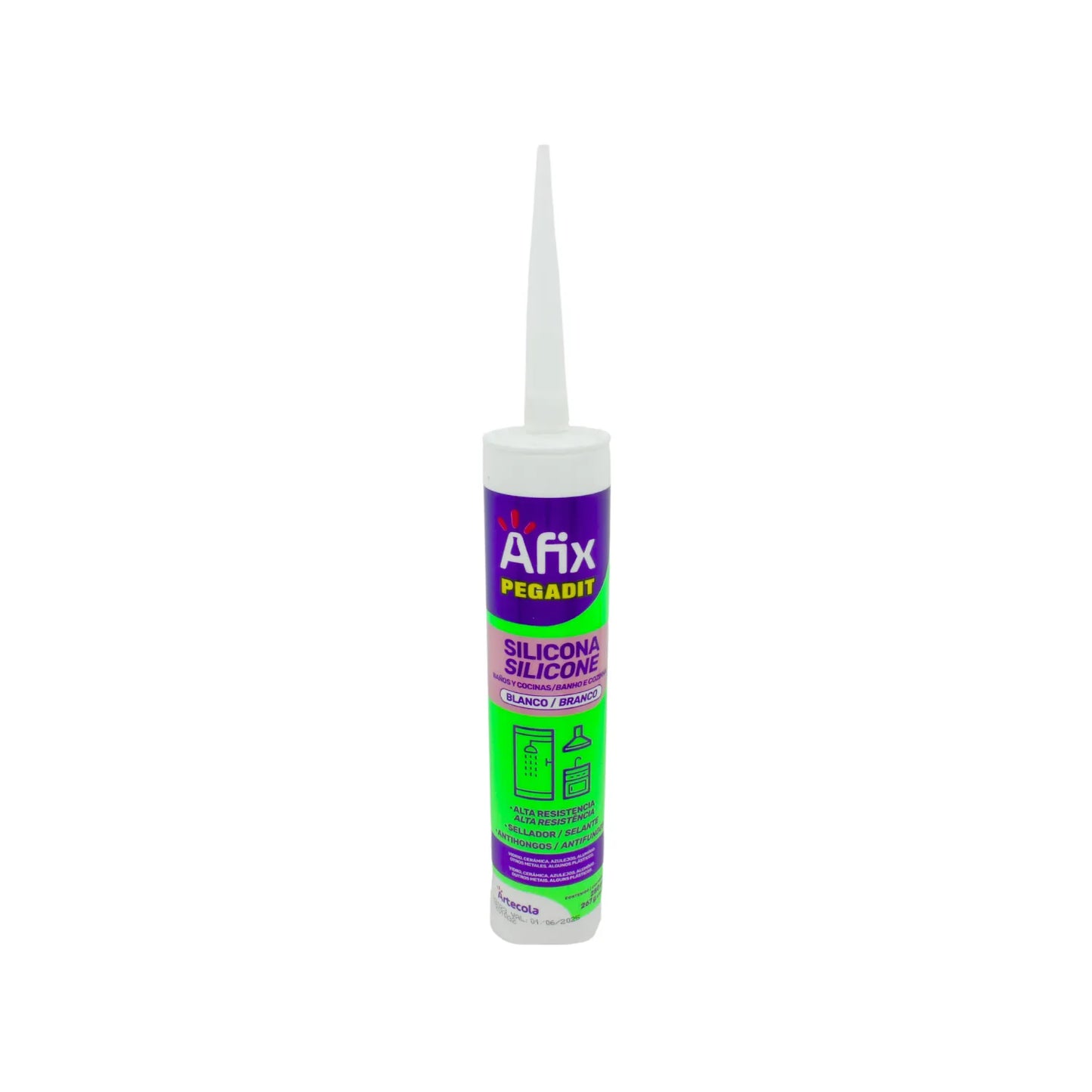 Sellador de silicona Afix Pegadit blanco antihongos para baños y cocinas, alta resistencia y durabilidad