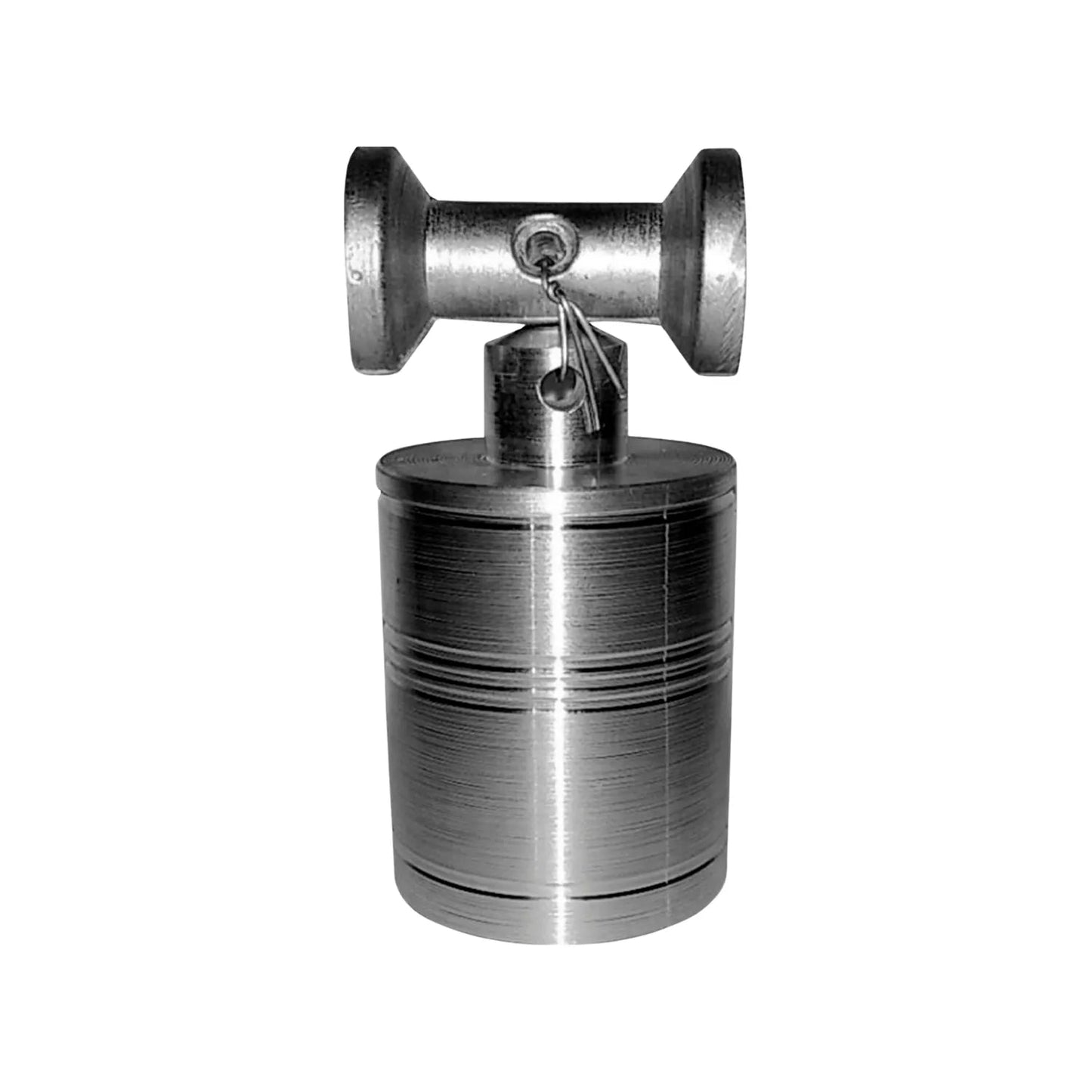 Plomada metálica de zamak con cuerpo cilíndrico, enganche giratorio superior y pasador de seguridad