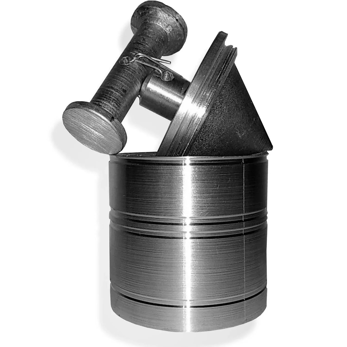 Pasador de horquilla de acero con chaveta, cono metálico y cilindro base mecanizado. Piezas de conexión y montaje.