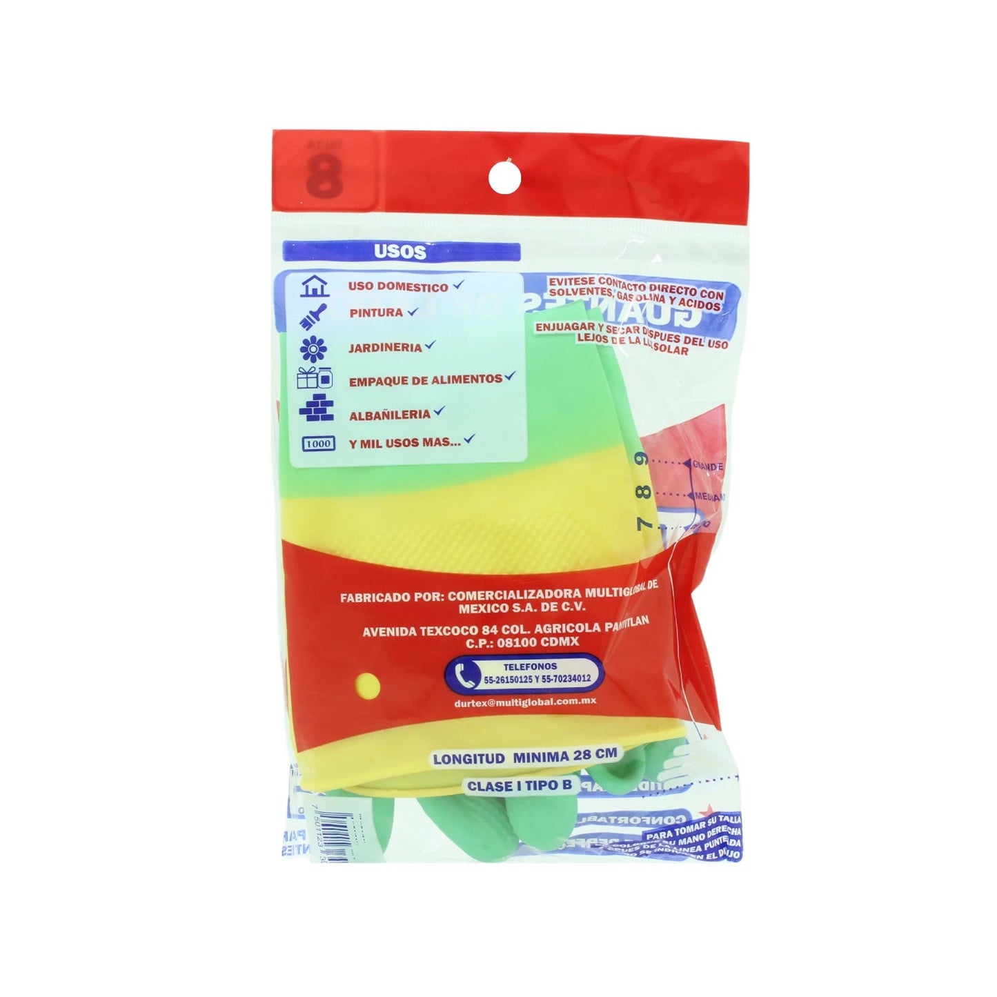 Guantes de hule Durtex #8 verde/amarillo, 28cm de largo, multiusos para hogar, jardinería, pintura y albañilería.