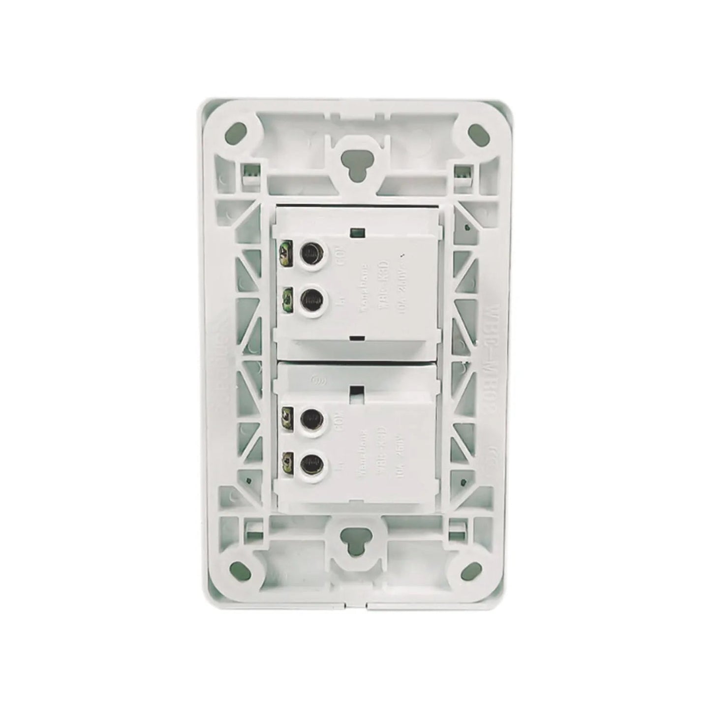 Reverso de placa con dos apagadores eléctricos blancos 10A 250V, vista de terminales para cableado