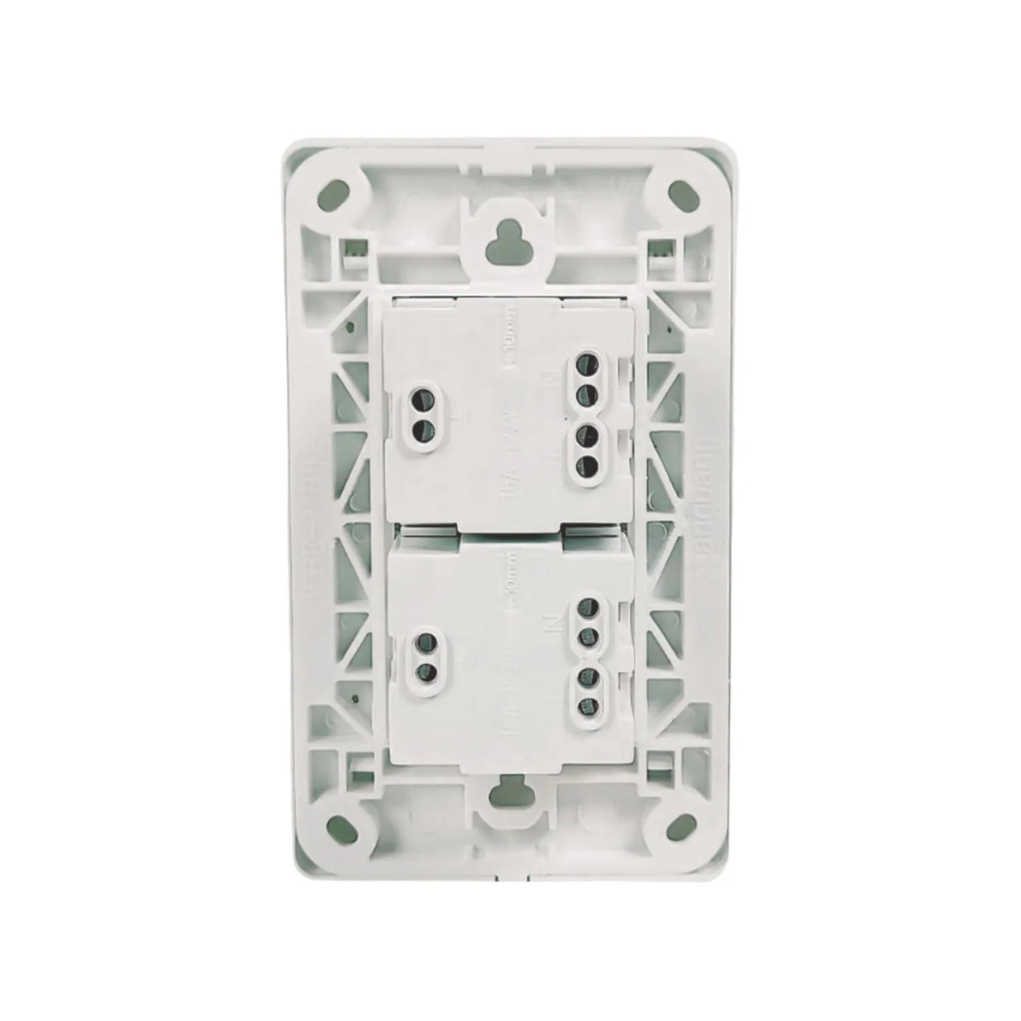 Placa de pared eléctrica doble blanca, parte trasera con bornes de conexión para 16A 220V.