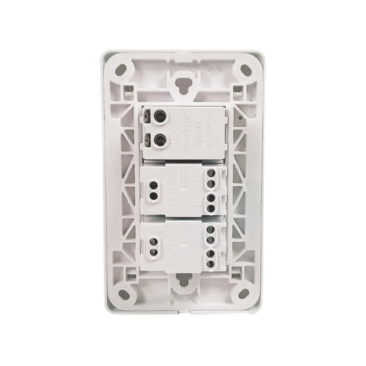 Placa eléctrica blanca modular Wangbang: 1 interruptor 10A 250V y 2 contactos 15A 127V, vista trasera