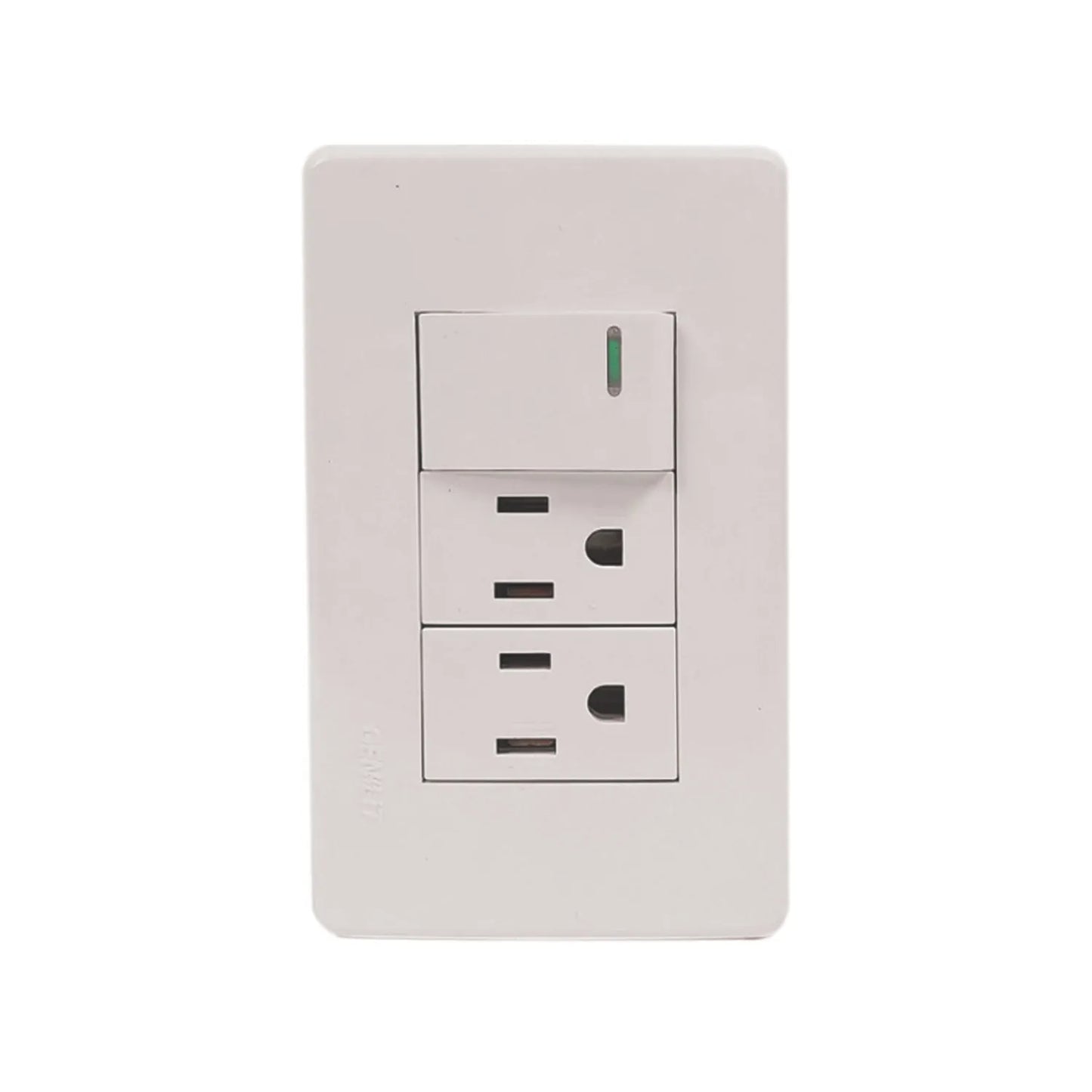 Fabricada de plástico ABS,Placa un apagador y dos contactos.,Tomacorriente 127 V - 15 A – 60 Hz,Apagador 250 V – 10 A – 60 Hz,Contactos aterrizados, incluye tornillos.,Blanco.,NOM: NMX-J-005-ANCE-2015