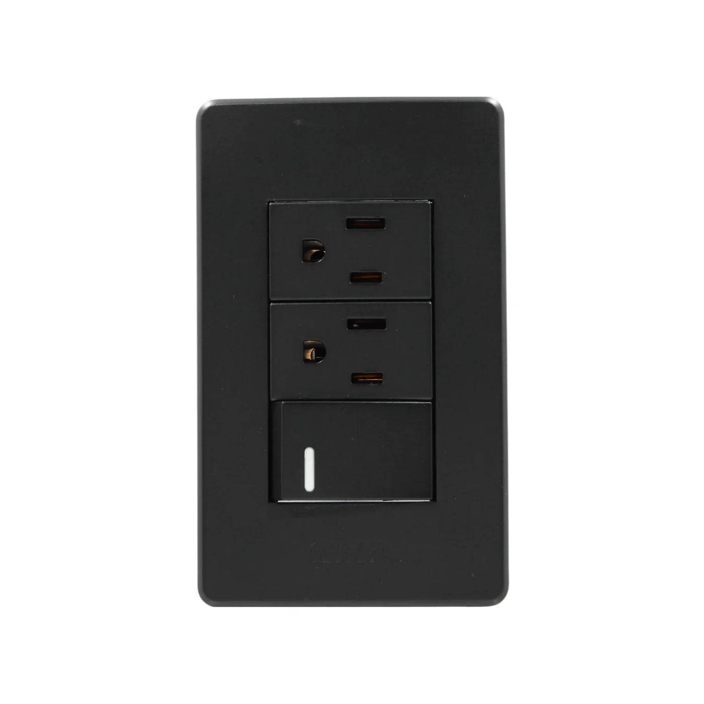 Fabricada de plástico ABS,Placa un apagador y dos contactos.,Tomacorriente 127 V - 15 A - 60 Hz,Apagador 250 V – 10 A – 60 Hz,Contactos aterrizados, incluye tornillos.,Gris obscuro.,NOM: NMX-J-005-ANCE-2015
