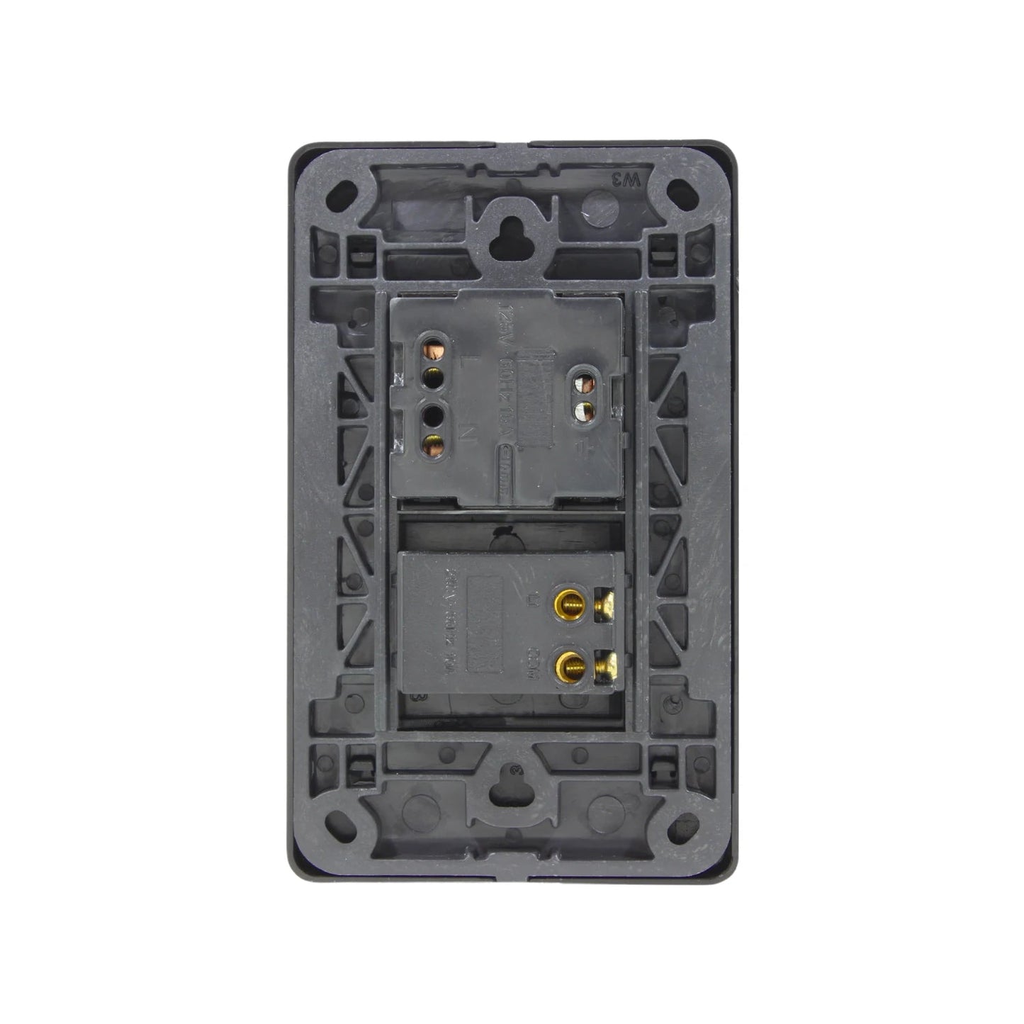 Placa eléctrica negra para 1 apagador y 1 contacto, vista trasera con terminales de conexión