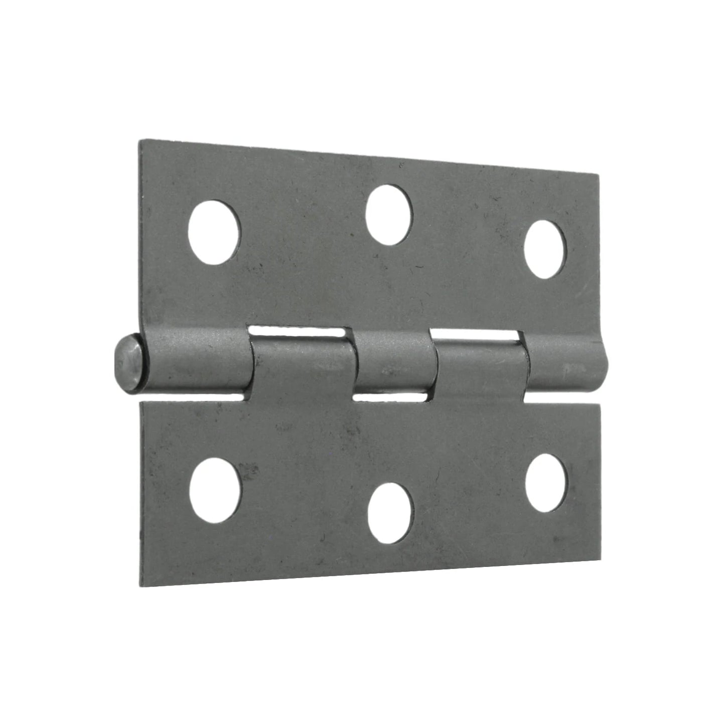 Bisagra de acero satinado de 2.5 pulgadas, herraje para puerta o gabinete con acabado gris metálico.