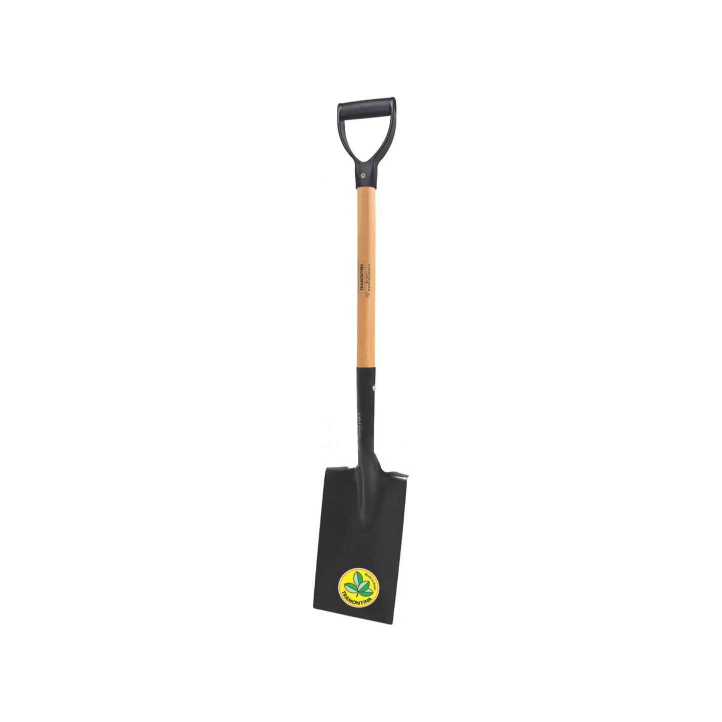Pala de excavación Tramontina, hoja negra, mango de madera, puño en D de plástico, ideal para jardinería y construcción.