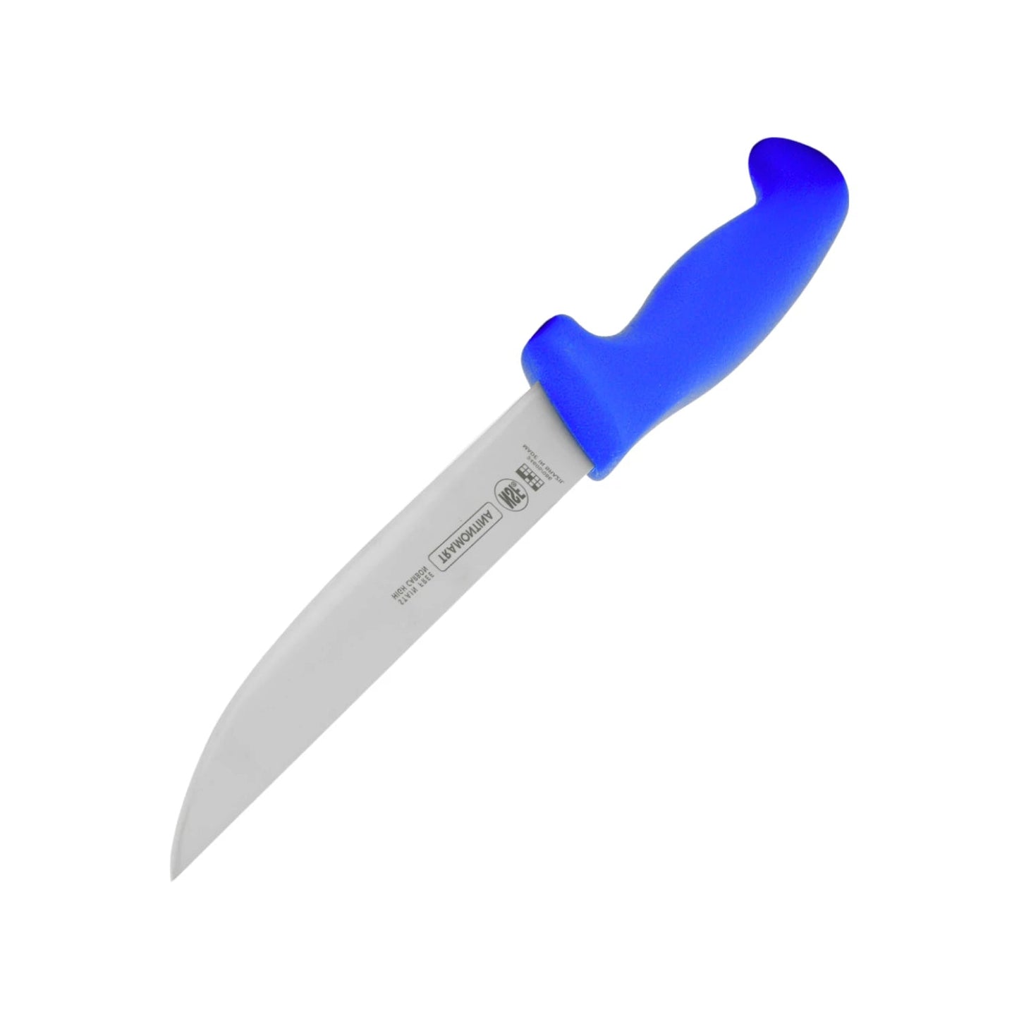 Cuchillo Tramontina 6" hoja lisa de alto carbono, mango azul ergonómico. Ideal para carnicería y cocina.